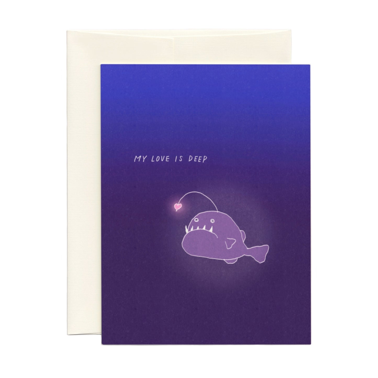 Greeting card with a purple gradient background, anglerfish illustration, and 'My Love is Deep' text.