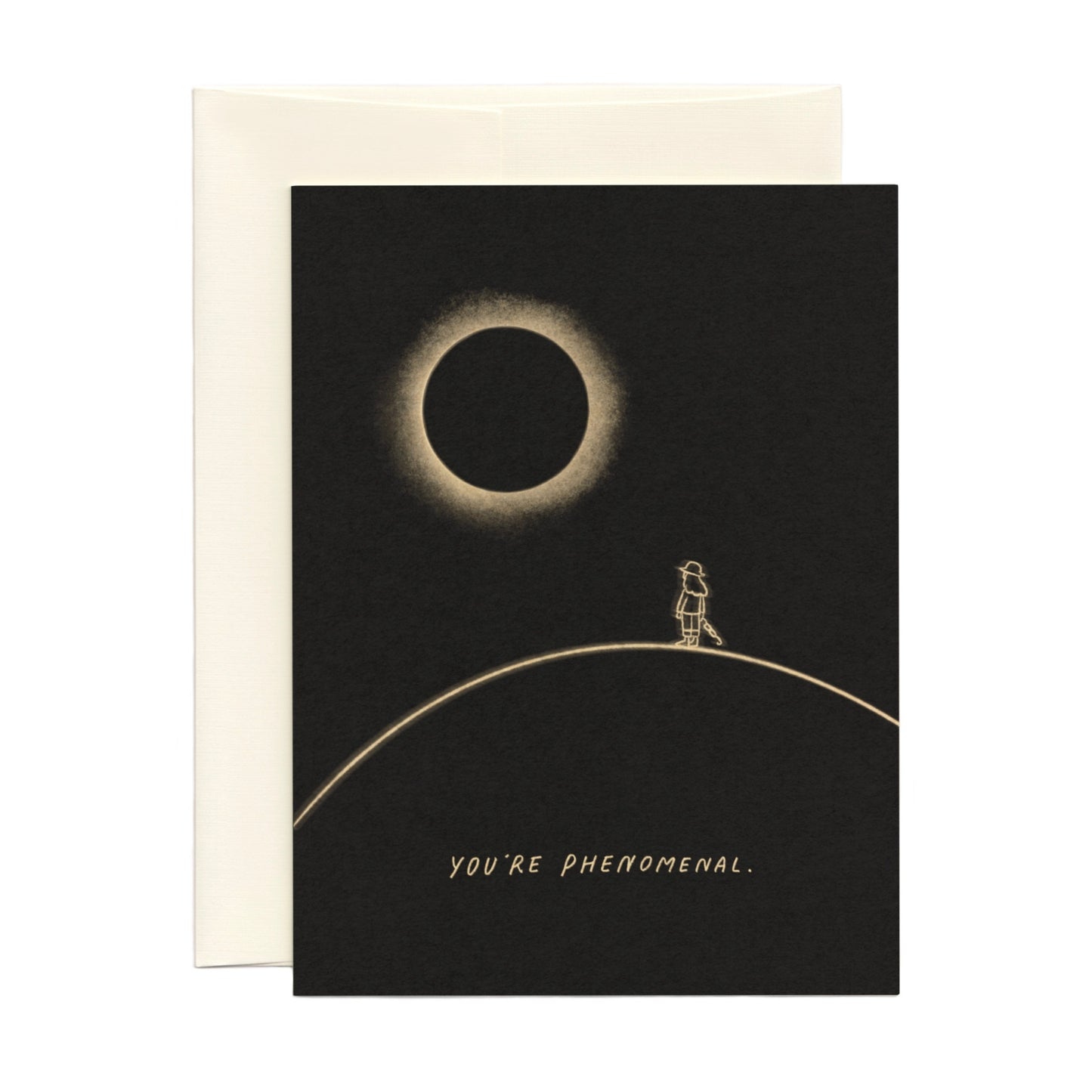 Greeting card with a solar eclipse design and 'You're Phenomenal' text on a black background.