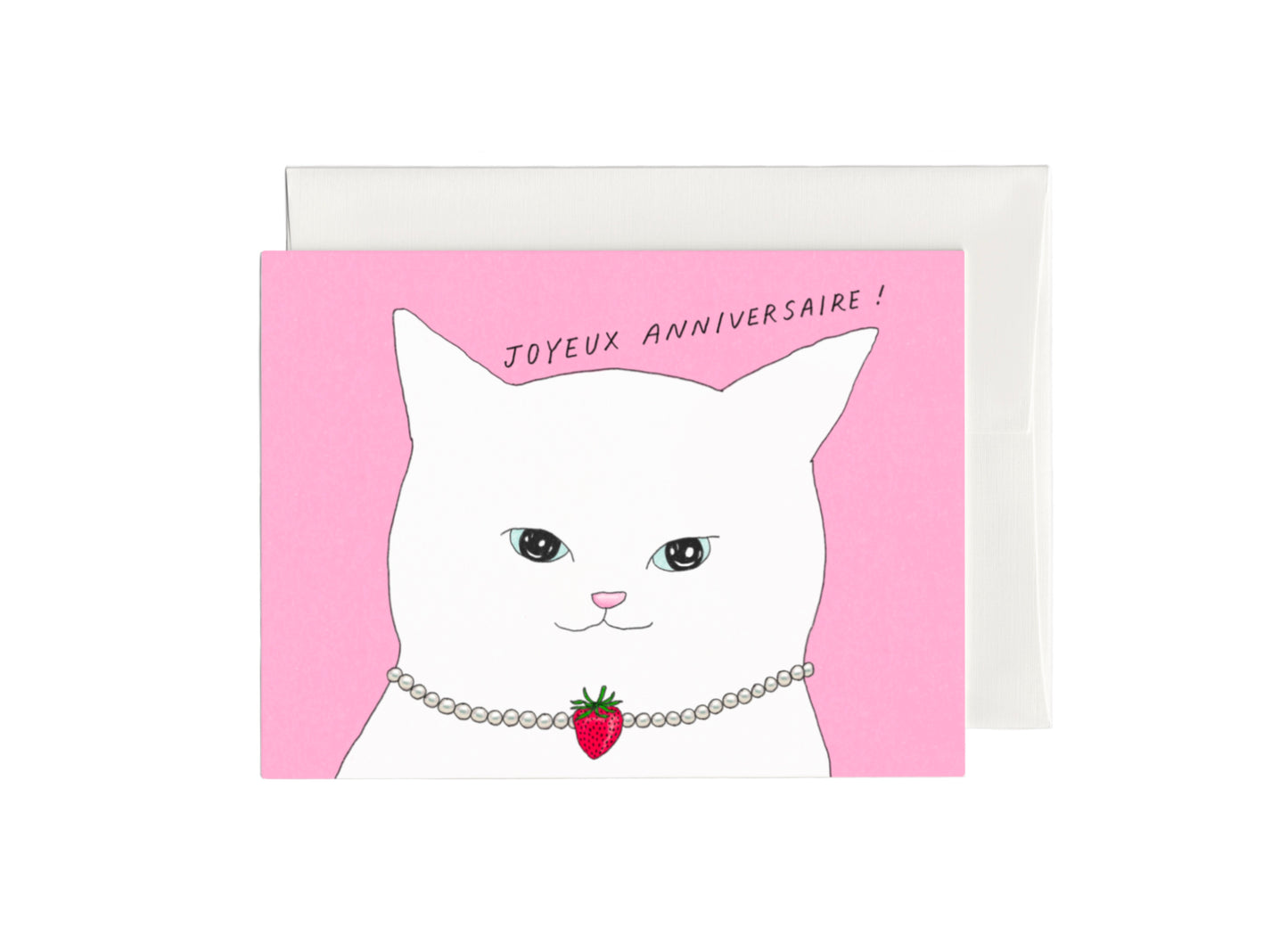 Cute French Birthday Card with illustration of a white cat wearing pearl necklace with a strawberry pendant on a pink background