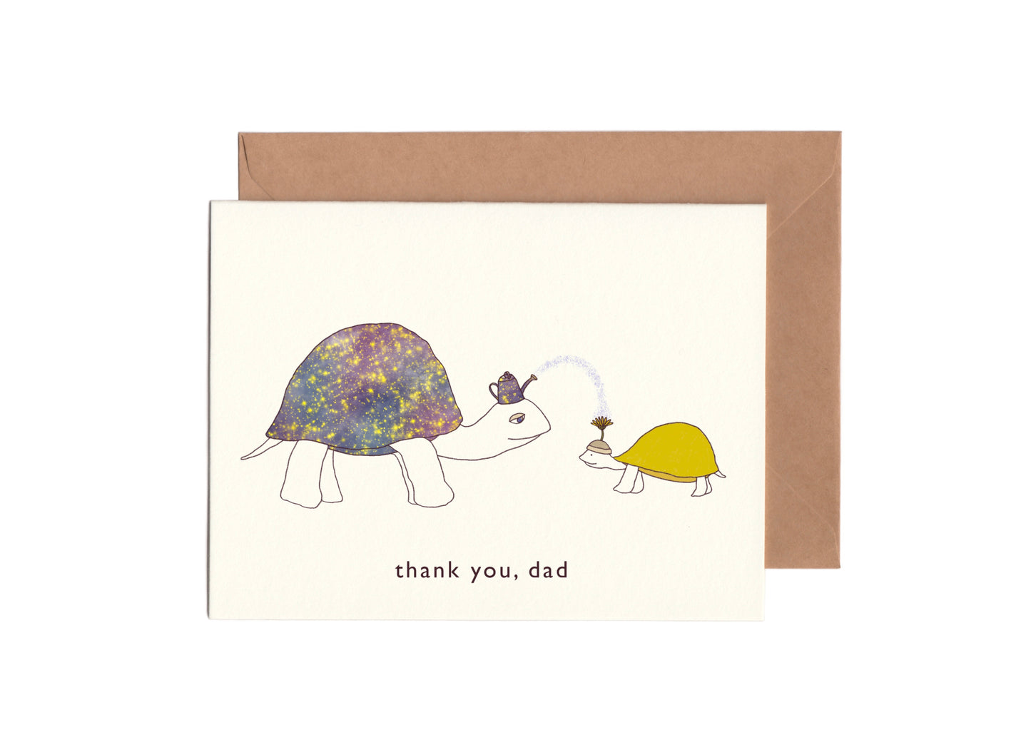 Cute card for fathers with an illustration of a father turtle with universe on the shell and a child turtle receiving love