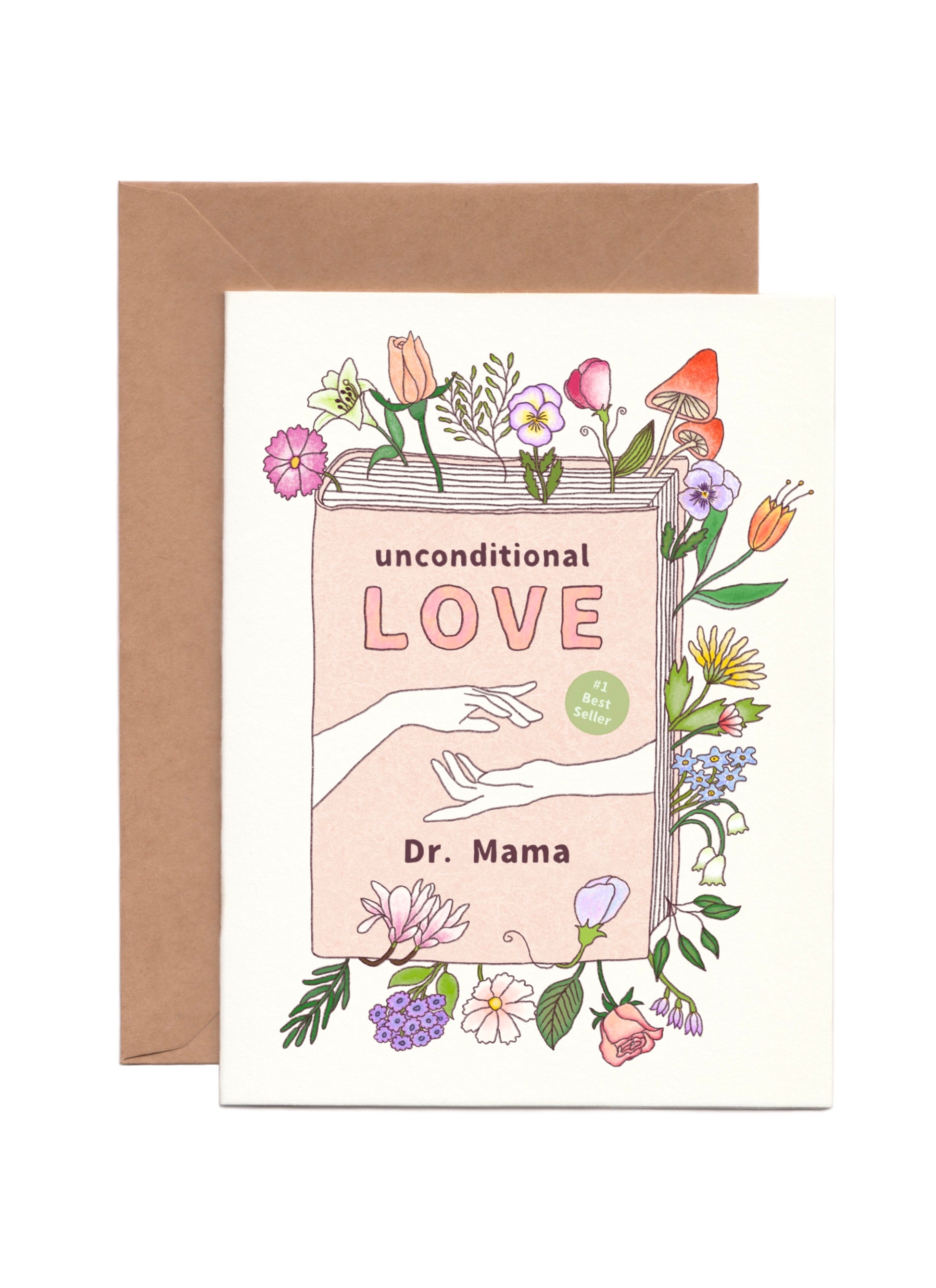 Greeting Card Set for mothers with colourful flowers and a book about conditional love
