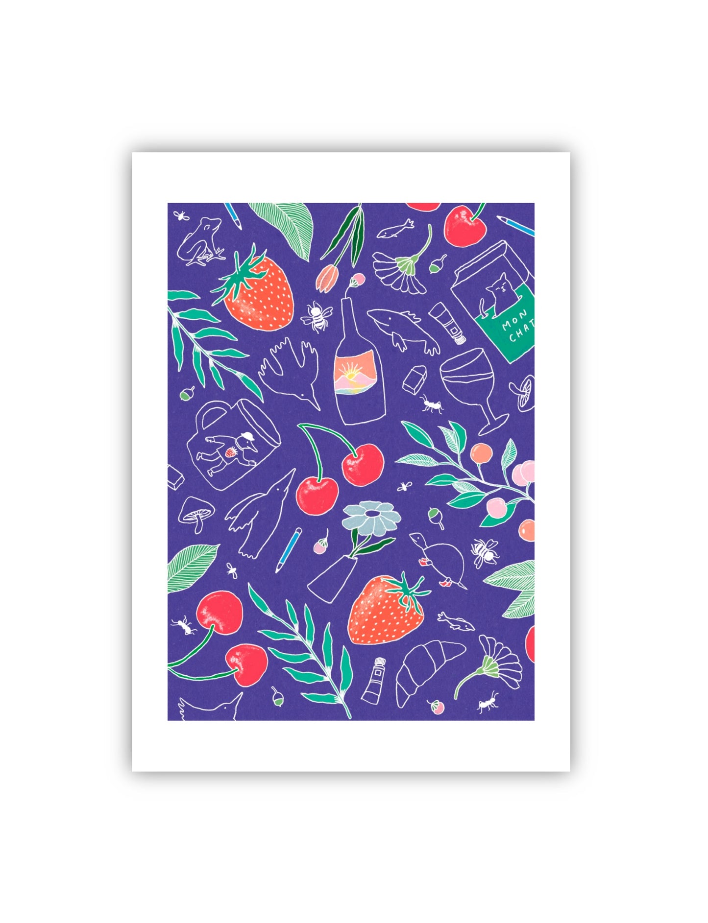 unique A4 size blue textile art print with fruits, birds, flowers and summery plants
