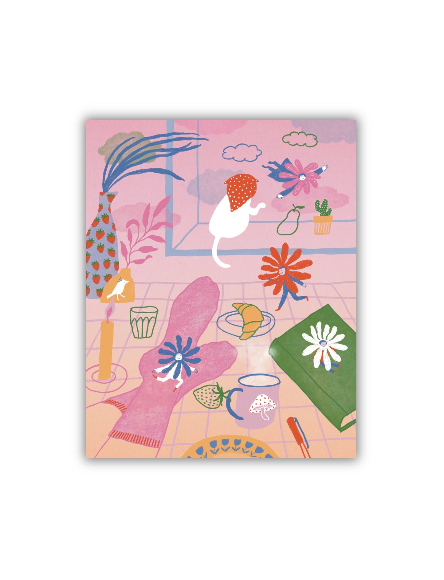 Dreamy 8x10 art print of a cat with a bandana on its head by the window being surrounded by flowery fairies and everyday goods