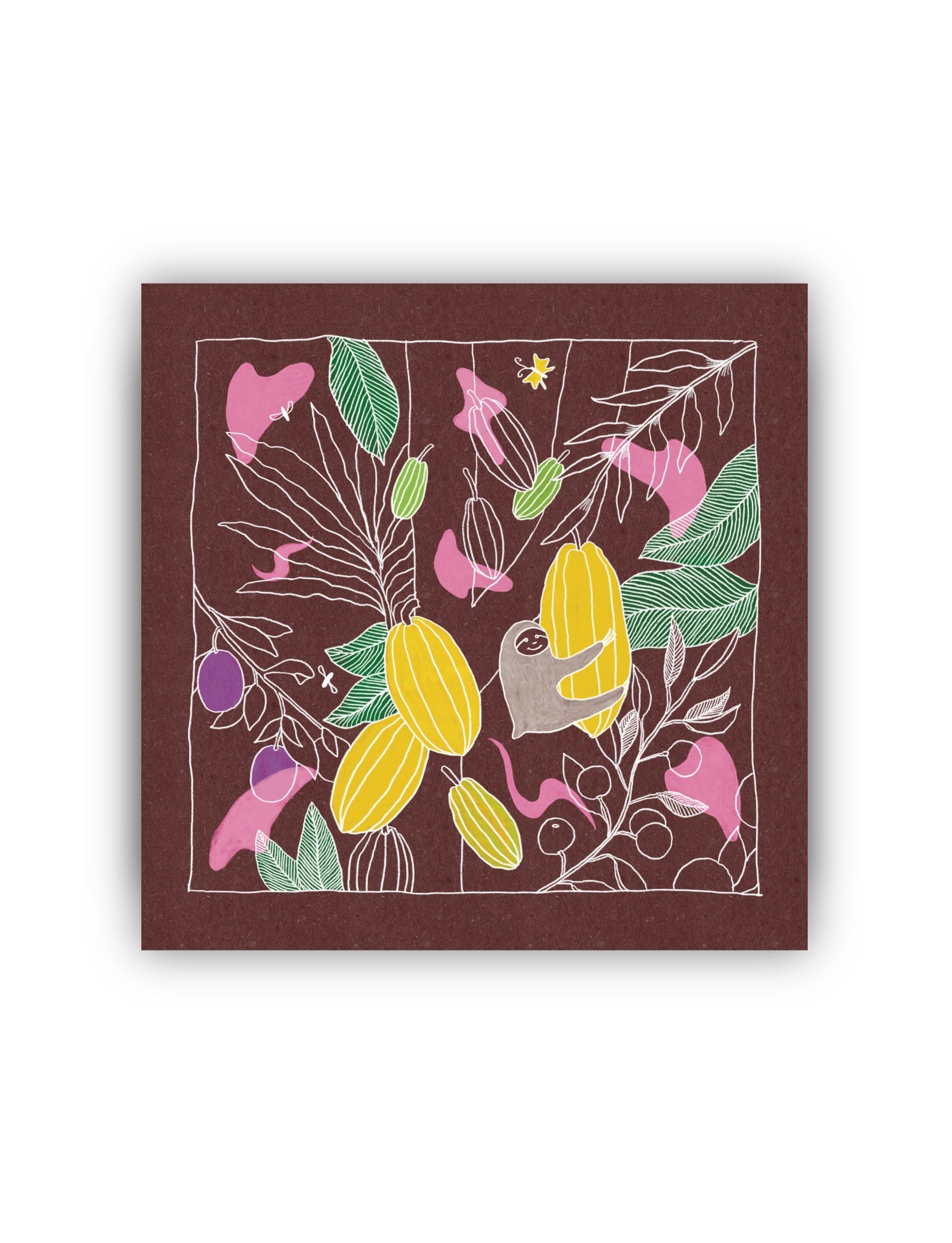 Inspiring 5x5 square art print with a sloth and cacao trees in Amazon Rain Forest on a brown background