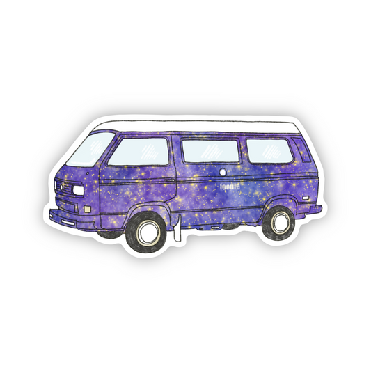 Waterproof sticker with the illustration of a classic camper van with the design of universe paint job