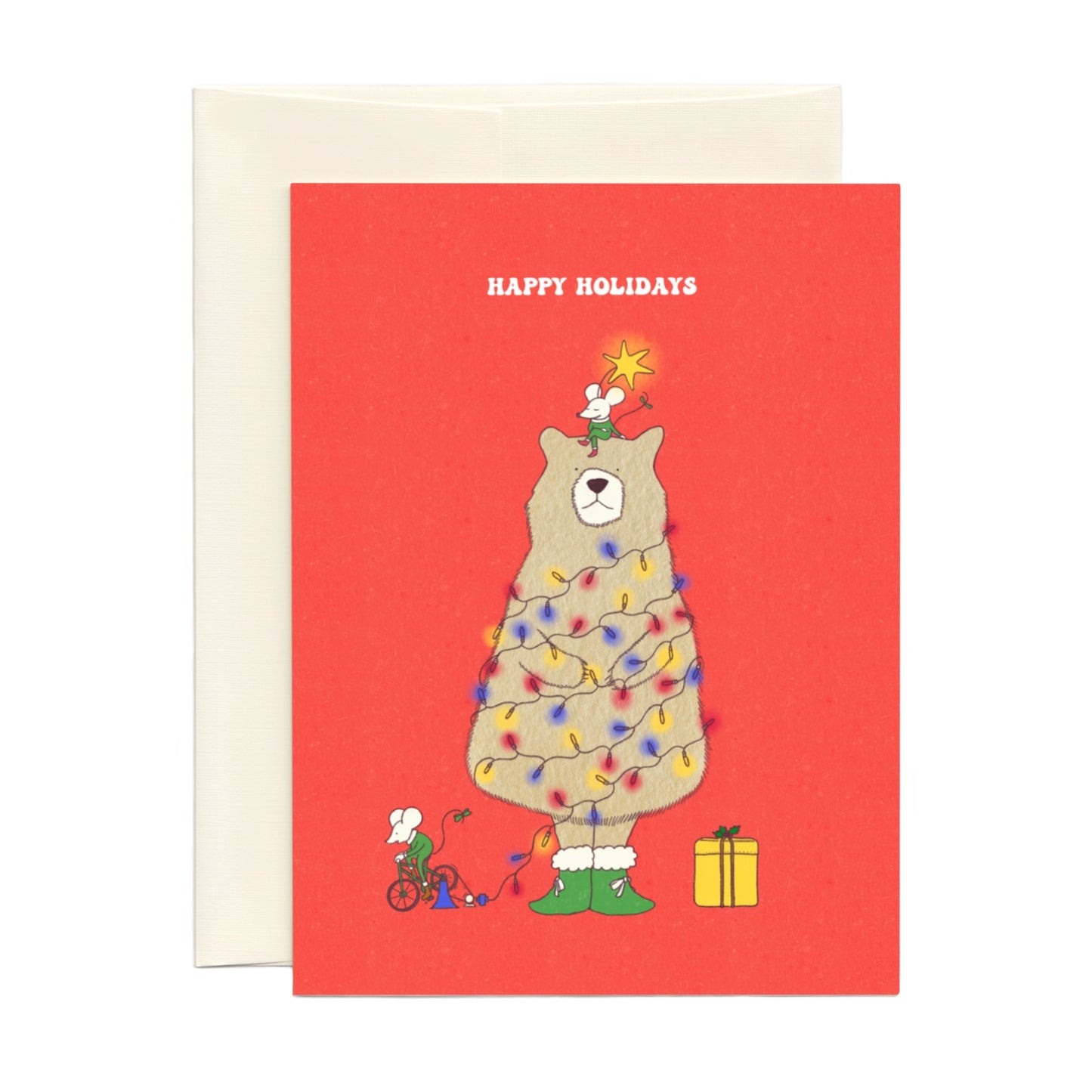 Cute Holiday Card with a bear as a Christmas tree wrapped in lights and two mice around it