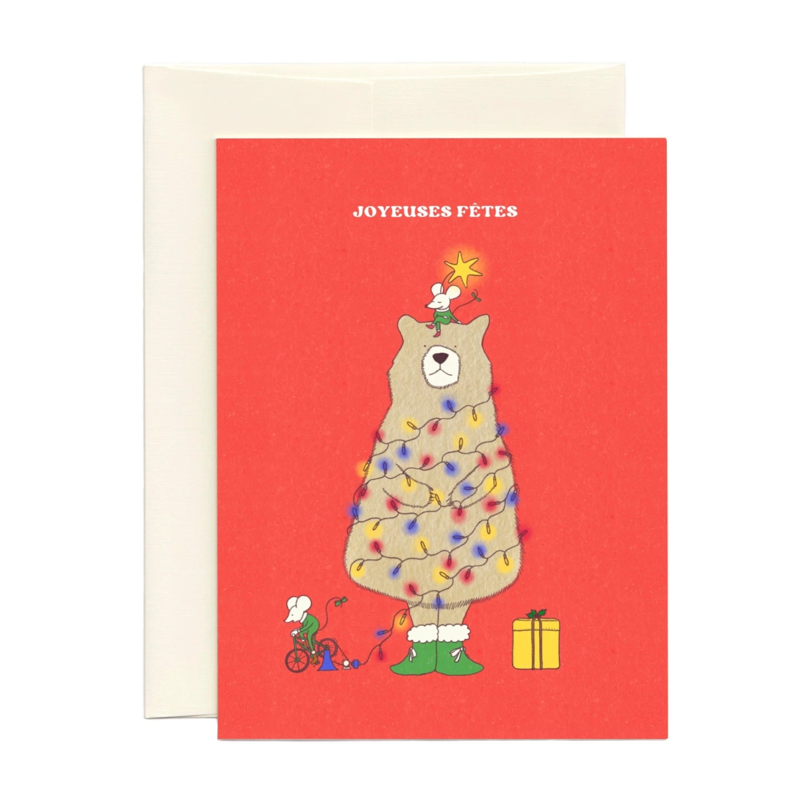Red greeting card with a bear Christmas tree design and 'Joyeuses Fêtes' text.