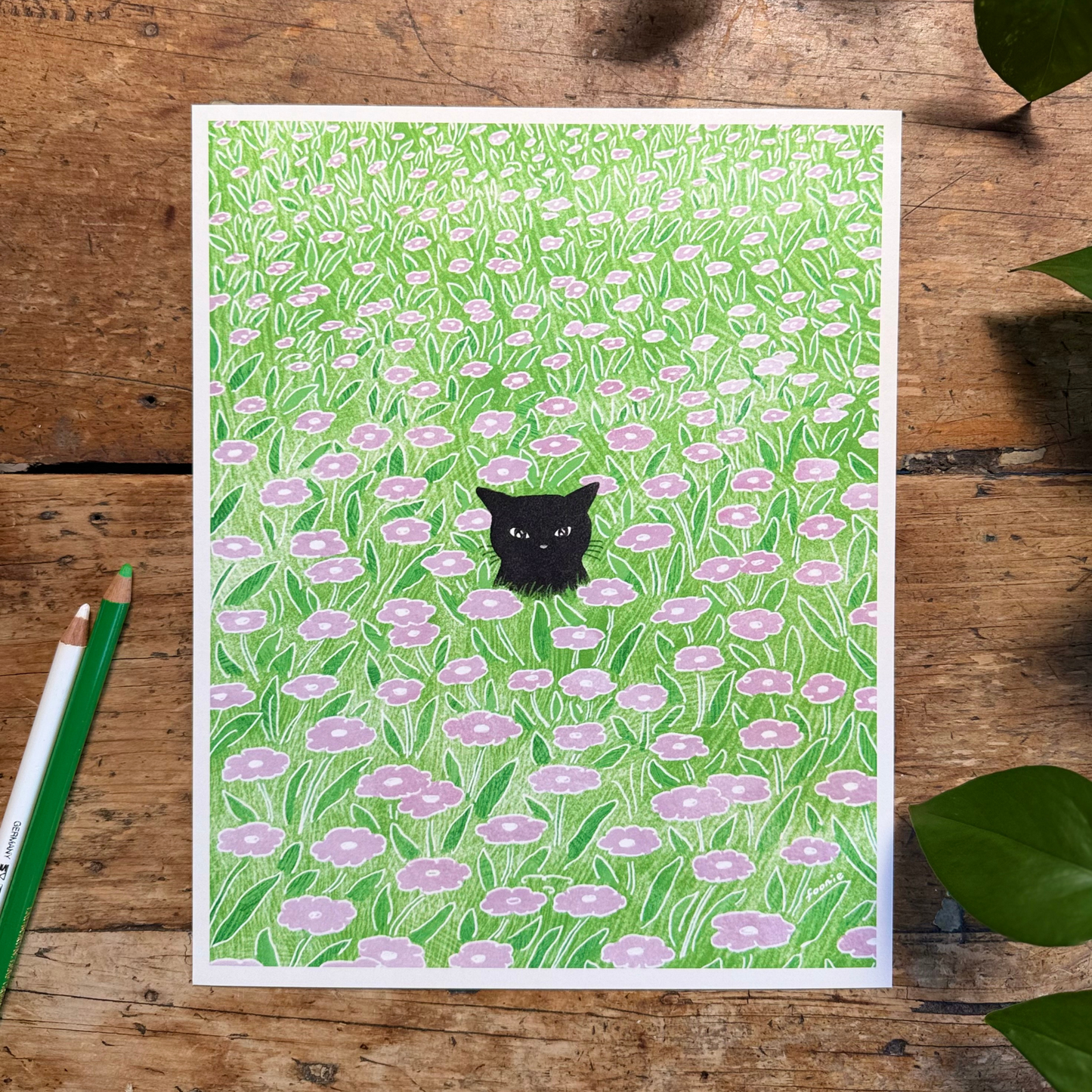 Cat in the Flower Field Print 8x10"
