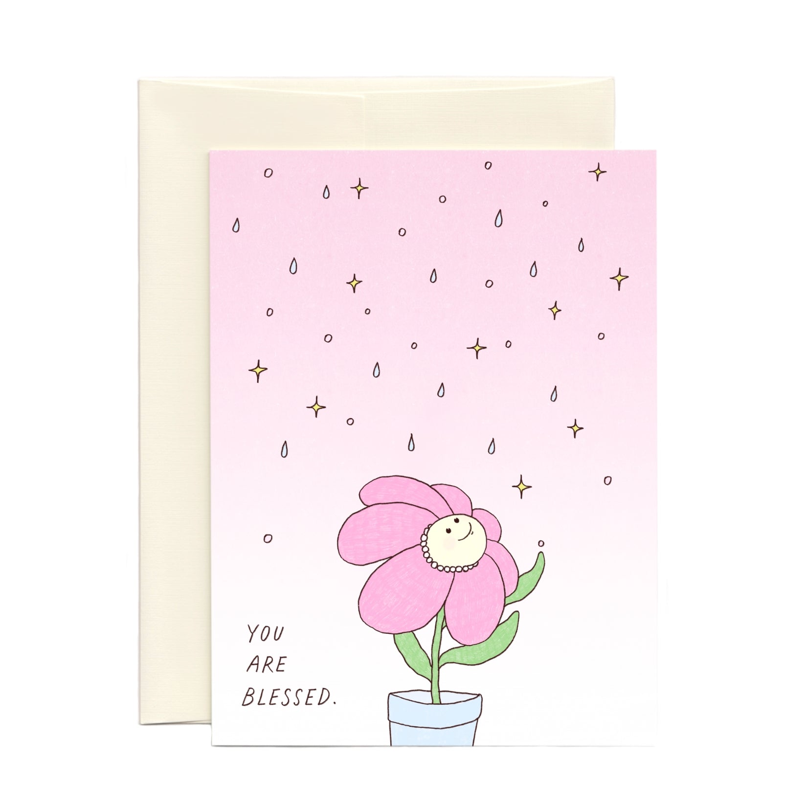 Greeting card with a smily pink flower illustration and text 'You are blessed.' on a white background.
