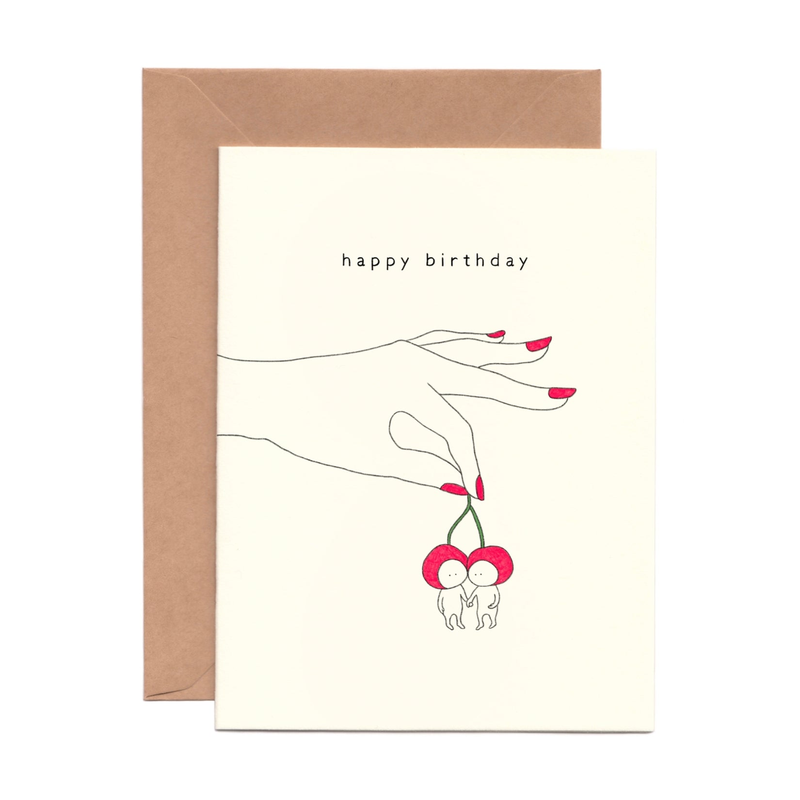 Cute Birthday Card with a hand with red nails holding two cherries 