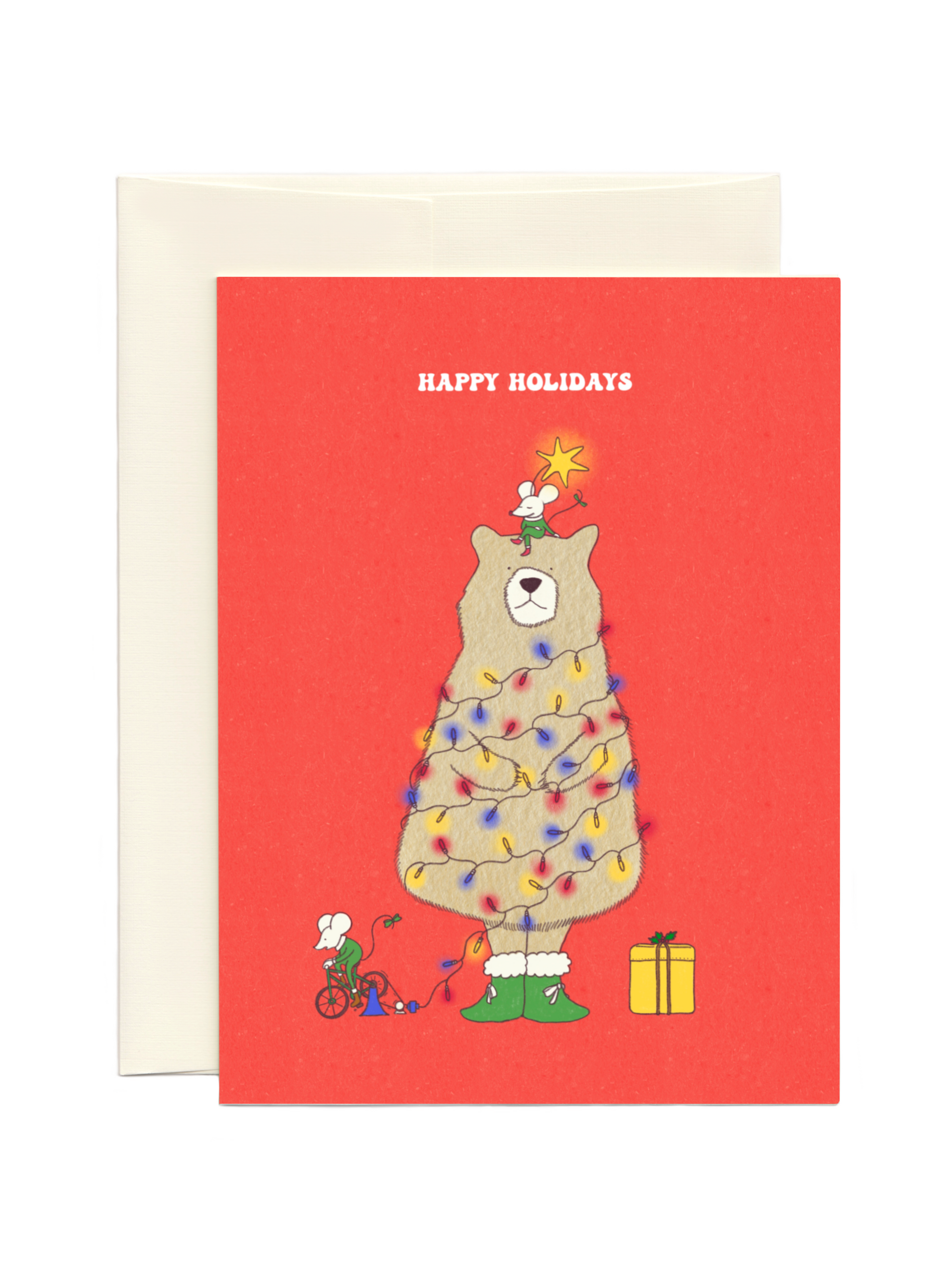 Cute Holiday Card with a bear as a Christmas tree wrapped in lights and two mice around it