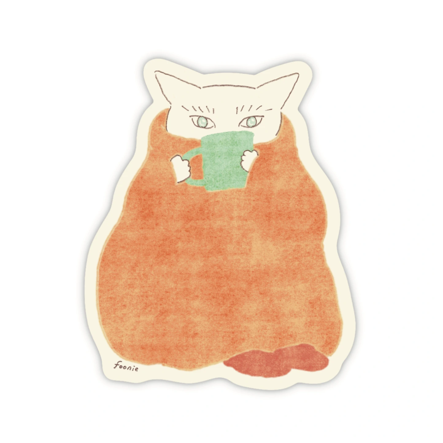 A die-cut sticker of a cute illustration of a white cat wrapped in a warm orange blanket and holding a green mug, shown on a plain white background.
