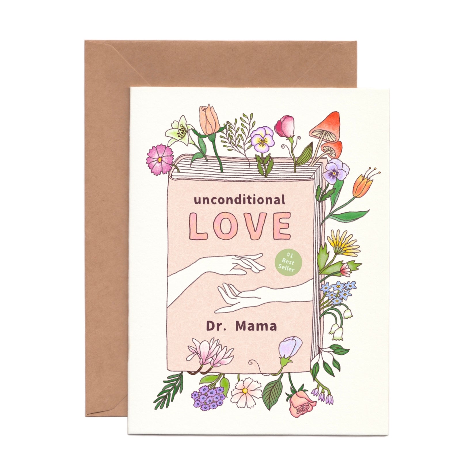 Greeting card with floral book design and text 'unconditional love' 