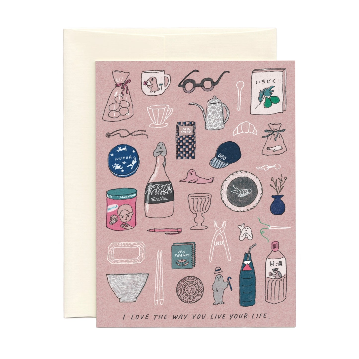 Greeting card with illustrations of coffee, plates, seals and other everyday objects on a pink background