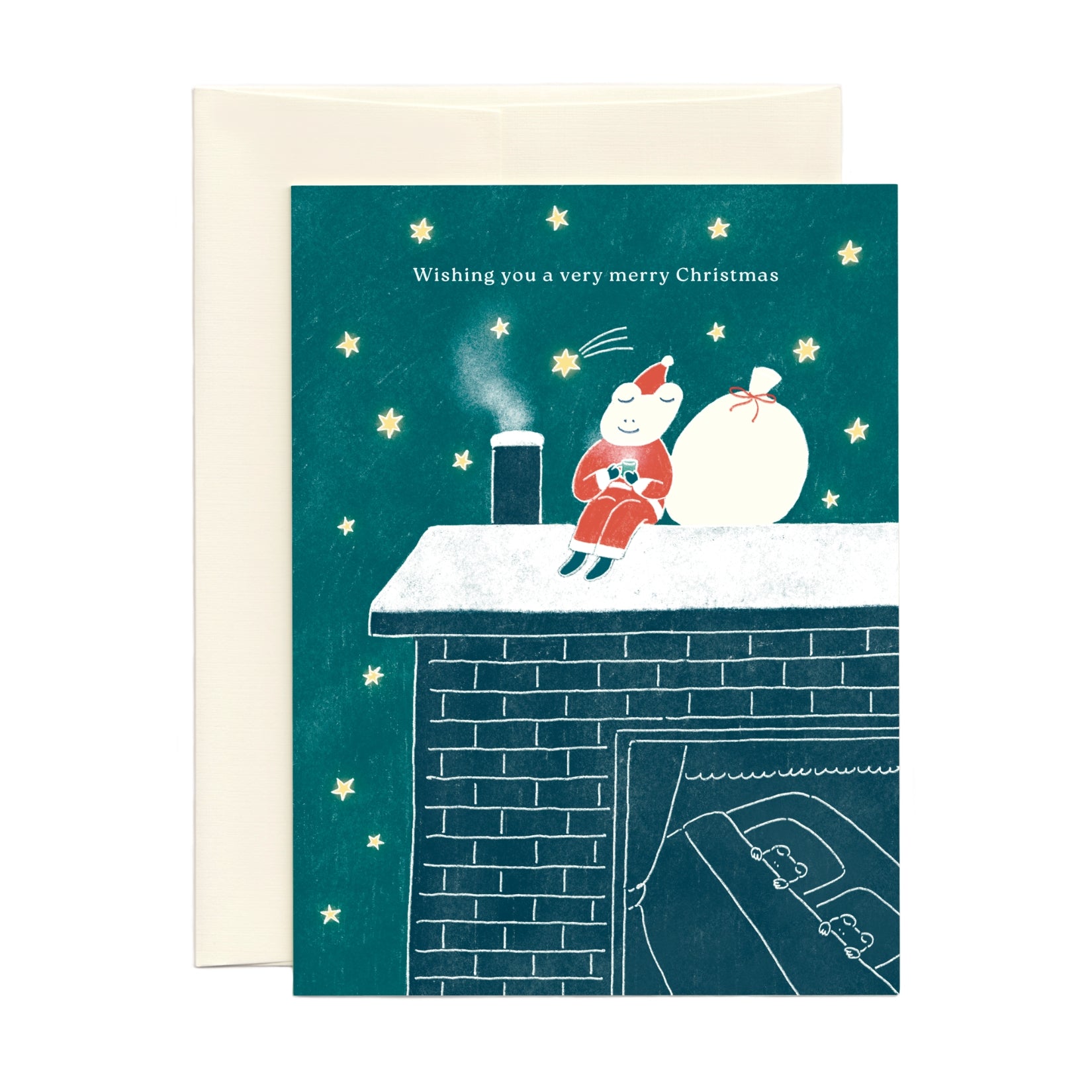 Christmas card with illustration of Frog Santa on a roof, stars, and 'Wishing you a very merry Christmas' text.