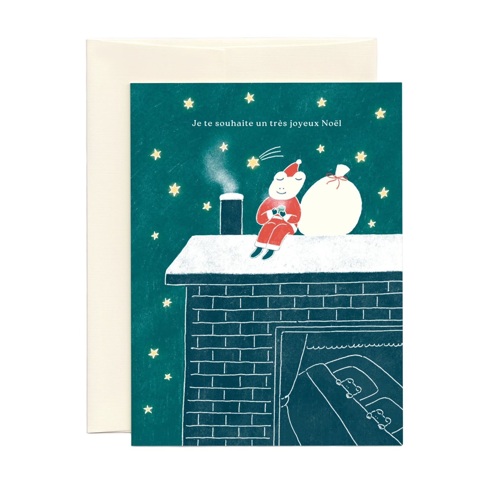 Christmas card with frog santa claus with a bag full of presents on a roof under starry night sky