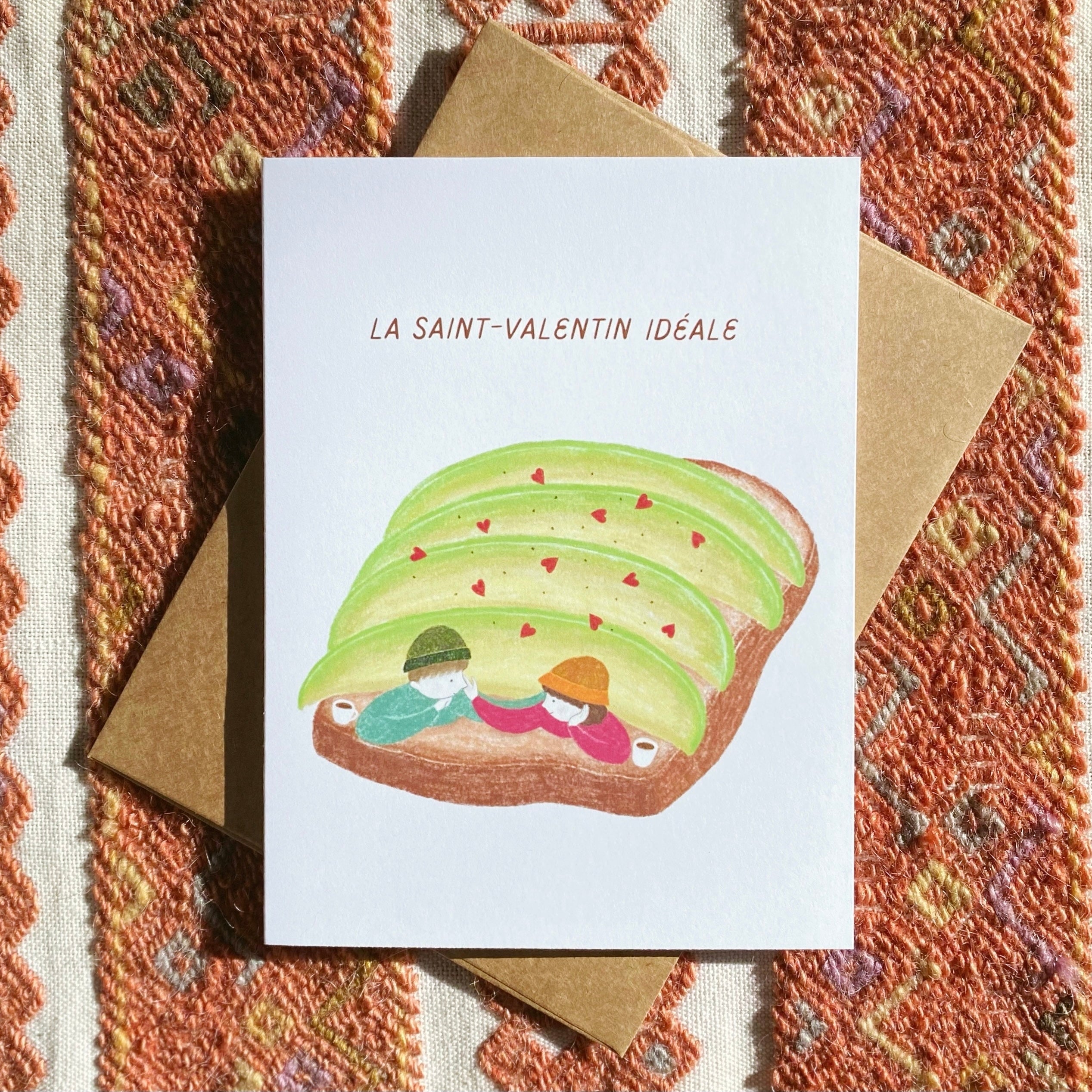 Cute Valentine's Day card with a couple having coffee together in an avocado toast 