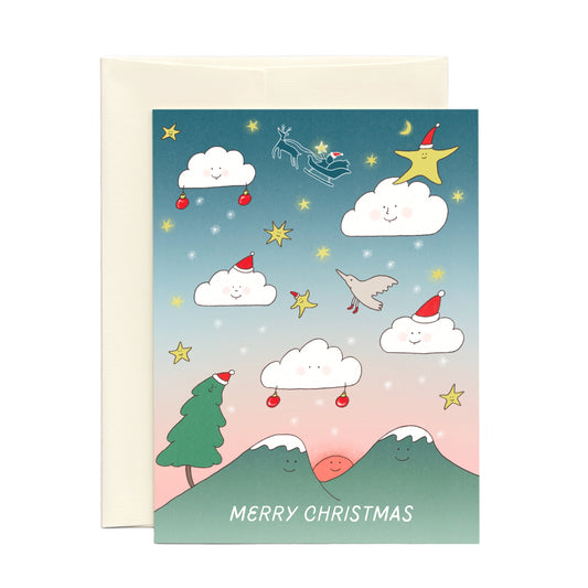 Unique and cute Holiday Card set with the illustration of the moon, the sun, dreamy sky with clouds, stars birds and mountains