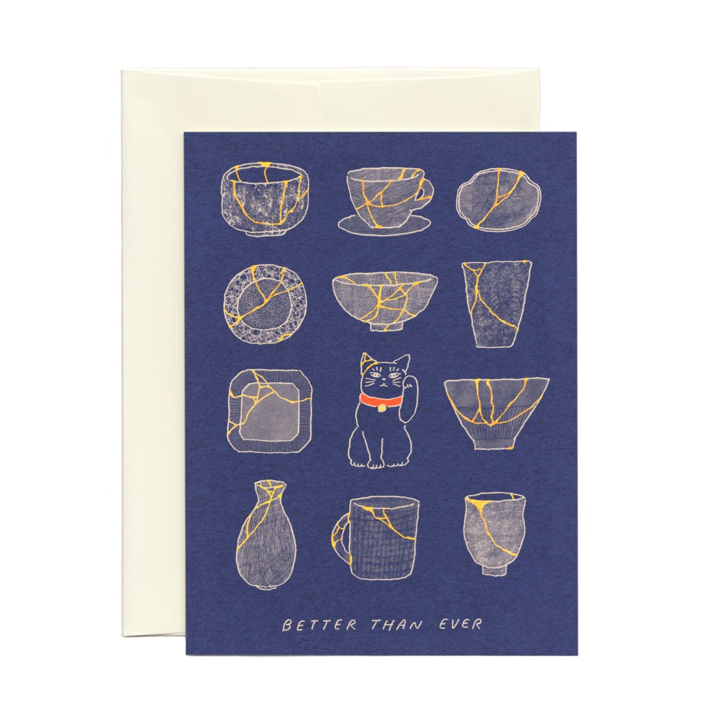 A greeting card with illustrations of broken ceramic pieces fixed with gold