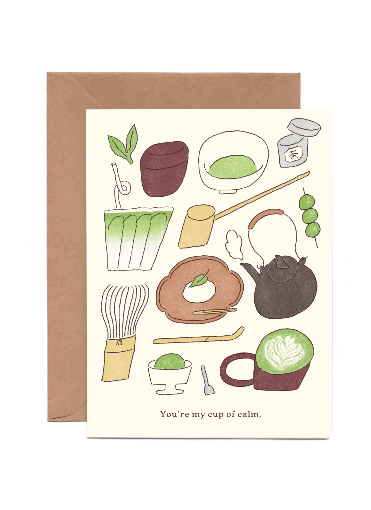 Greeting card with illustrations of tea ceremony tools and a brown envelope that comes with the card