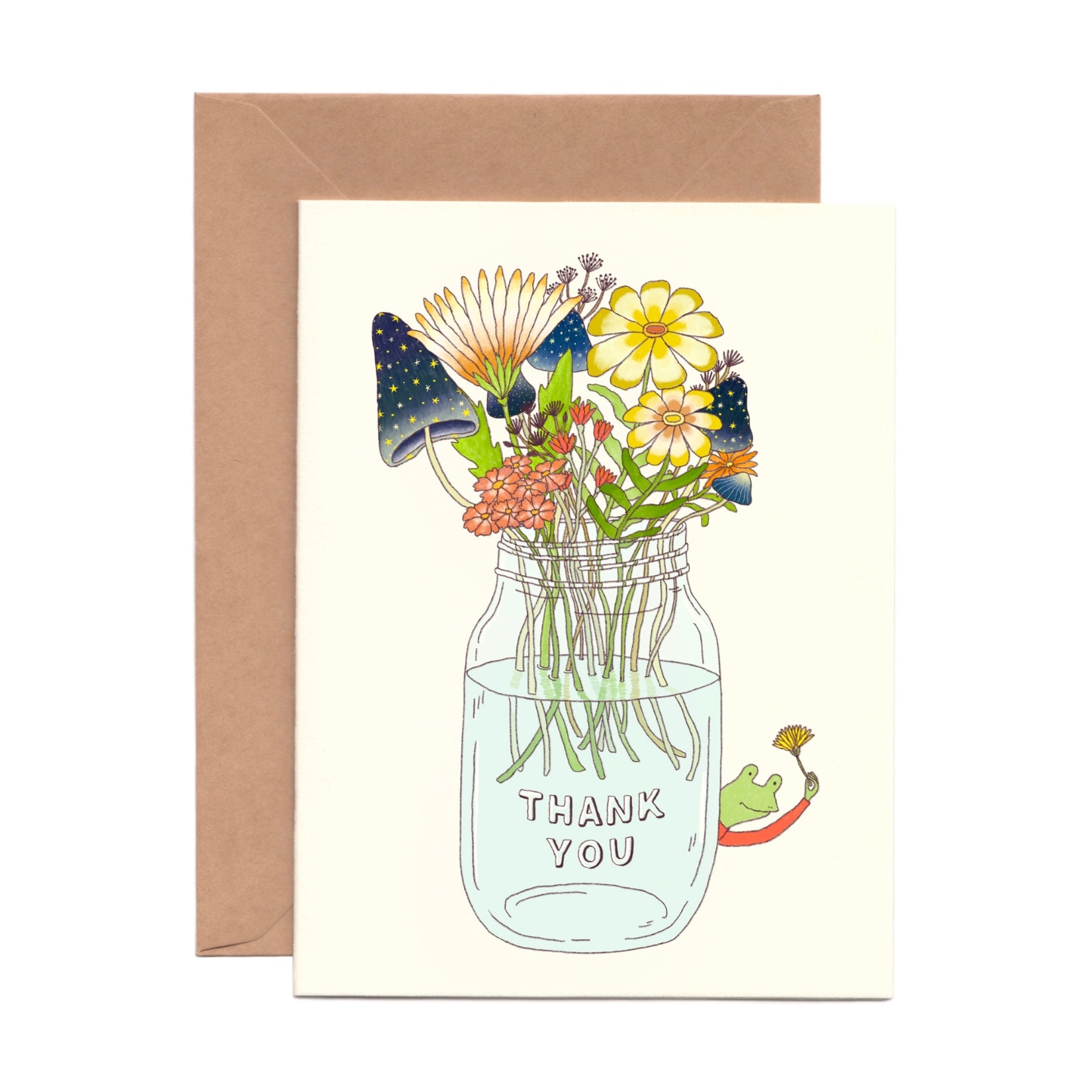 Thank you Card with illustration of flowers and starry mushrooms in a mason jar that says “Thank You” 