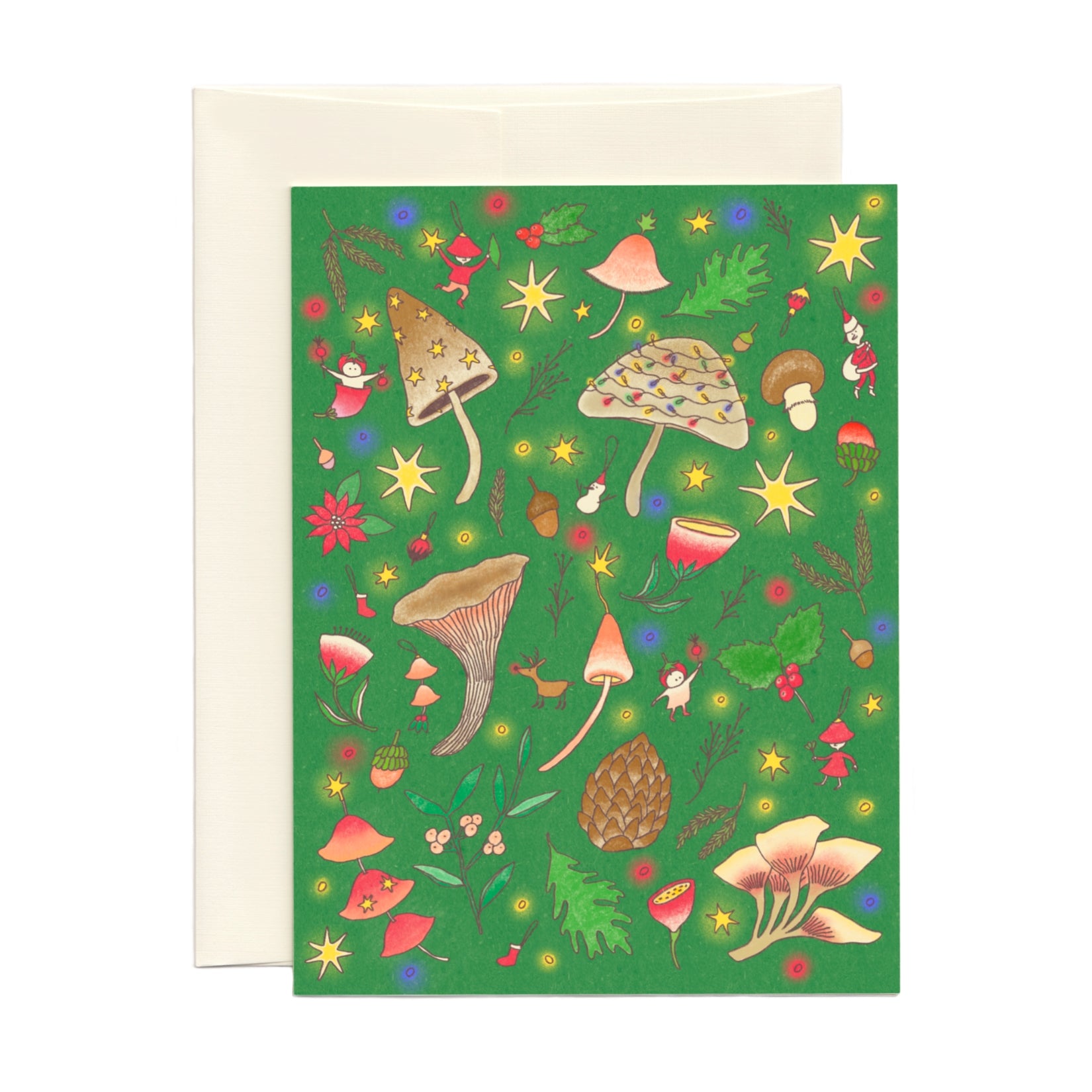 Green Christmas Card with variety of mushrooms, winter plants and little Christmas tree decorations
