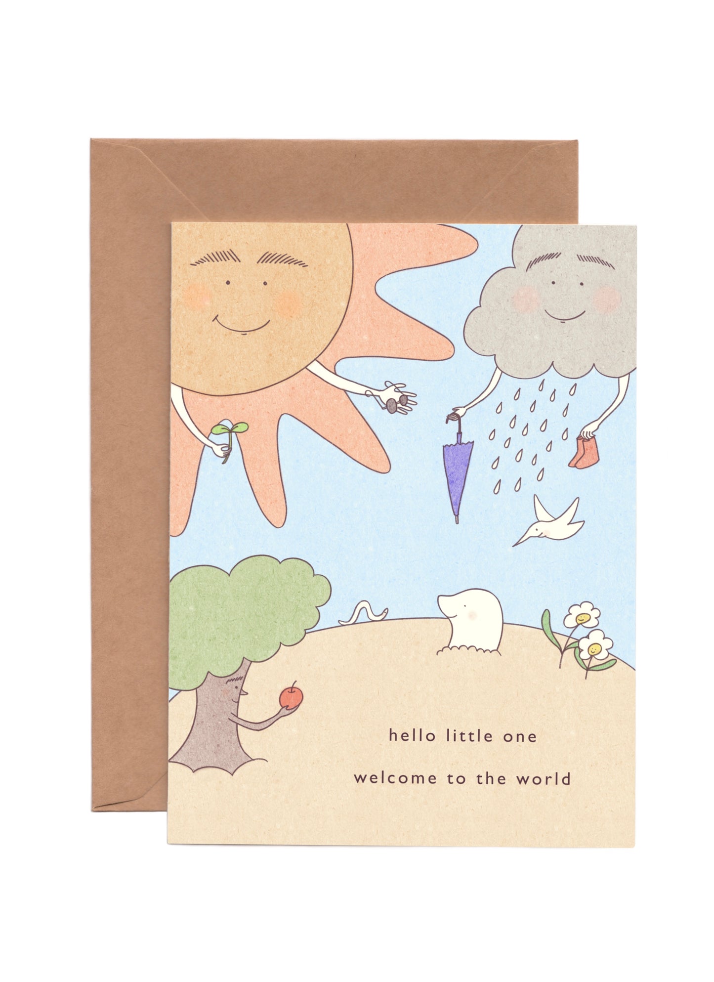 Cute New Born Baby Card with illustration of the mole baby coming out from the planet and natural elements such as the sun, cloud, tree, flowers welcoming the baby