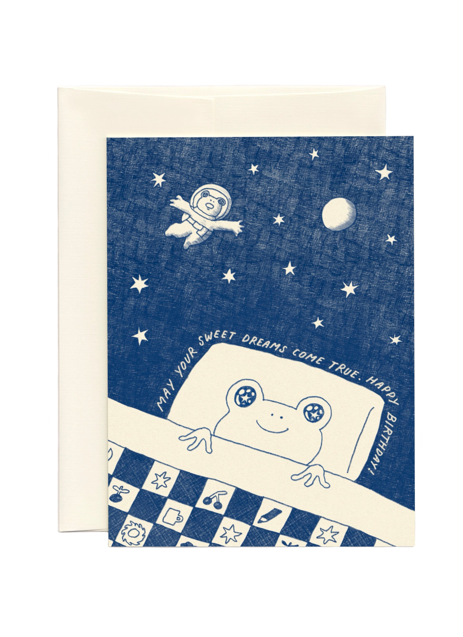 Cute birthday card of with the illustration of frog dreaming of becoming an astronauts.