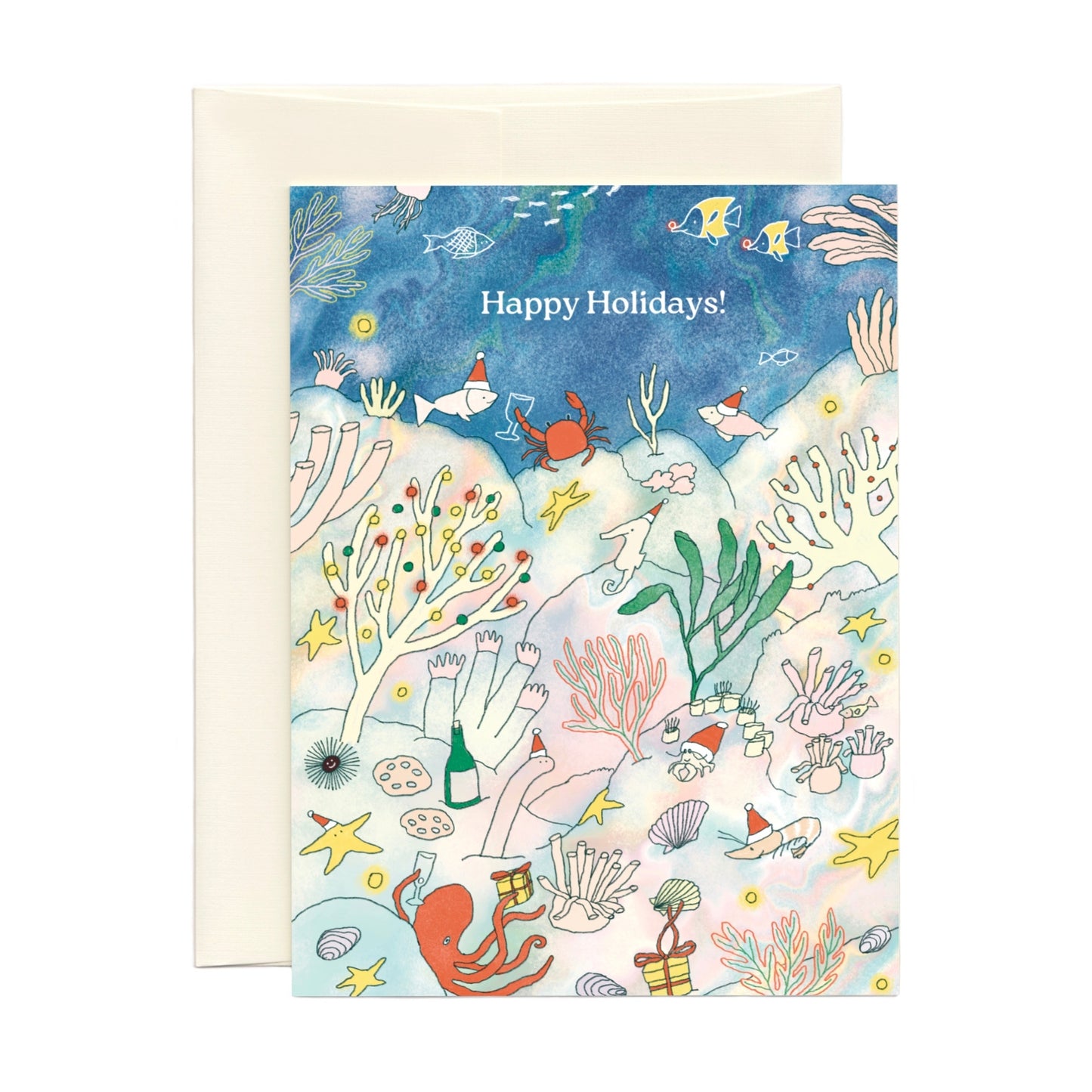 Christmas card with the illustration of colorful underwater scene with marine creatures and 'Happy Holidays!' text 