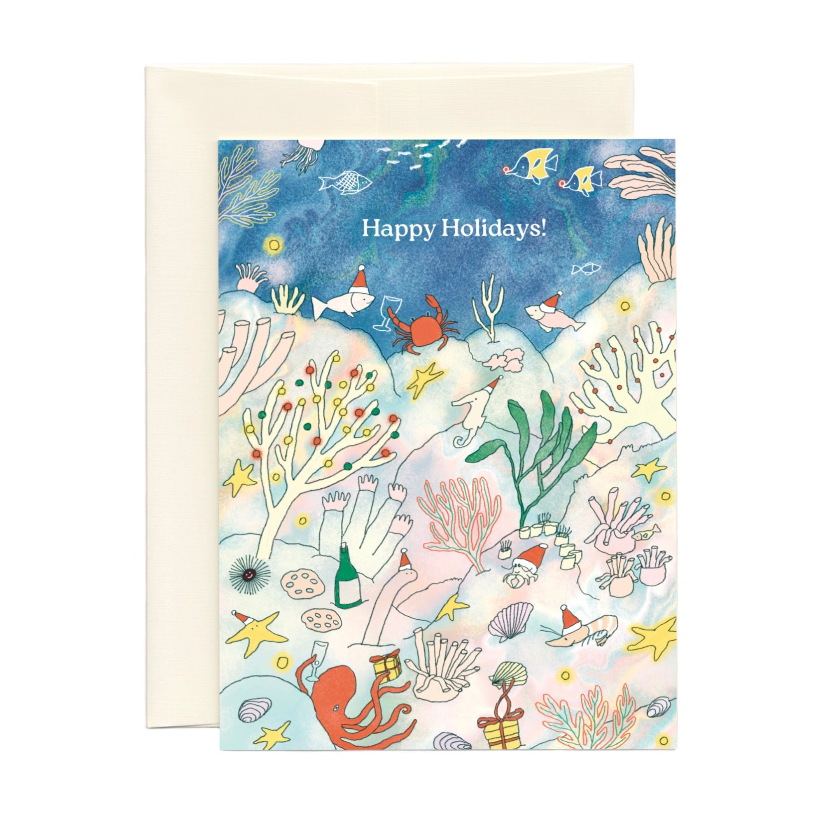 Christmas card with the illustration of colorful underwater scene with marine creatures and 'Happy Holidays!' text 