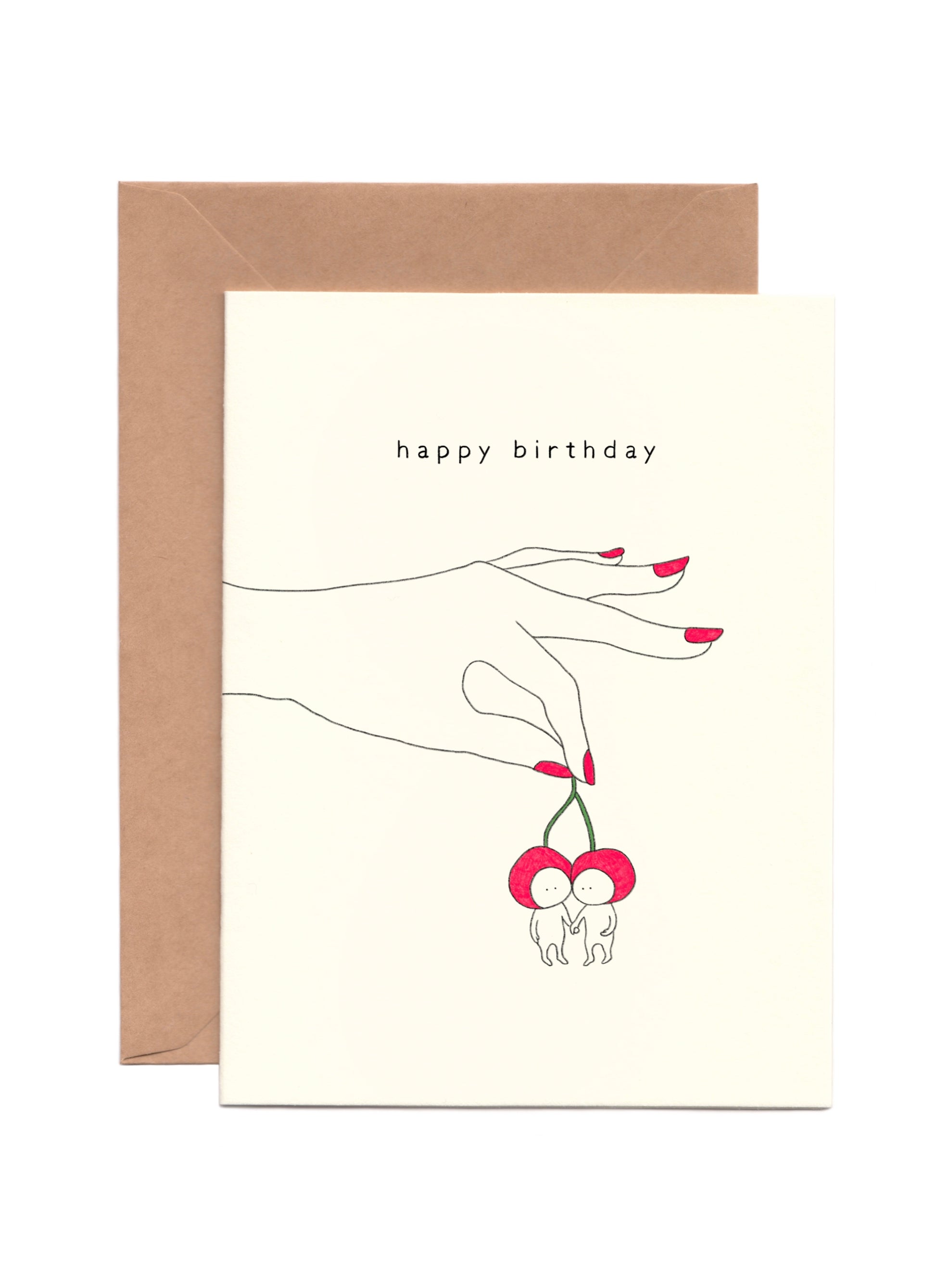 Cute Birthday Card with a hand with red nails holding two cherries 