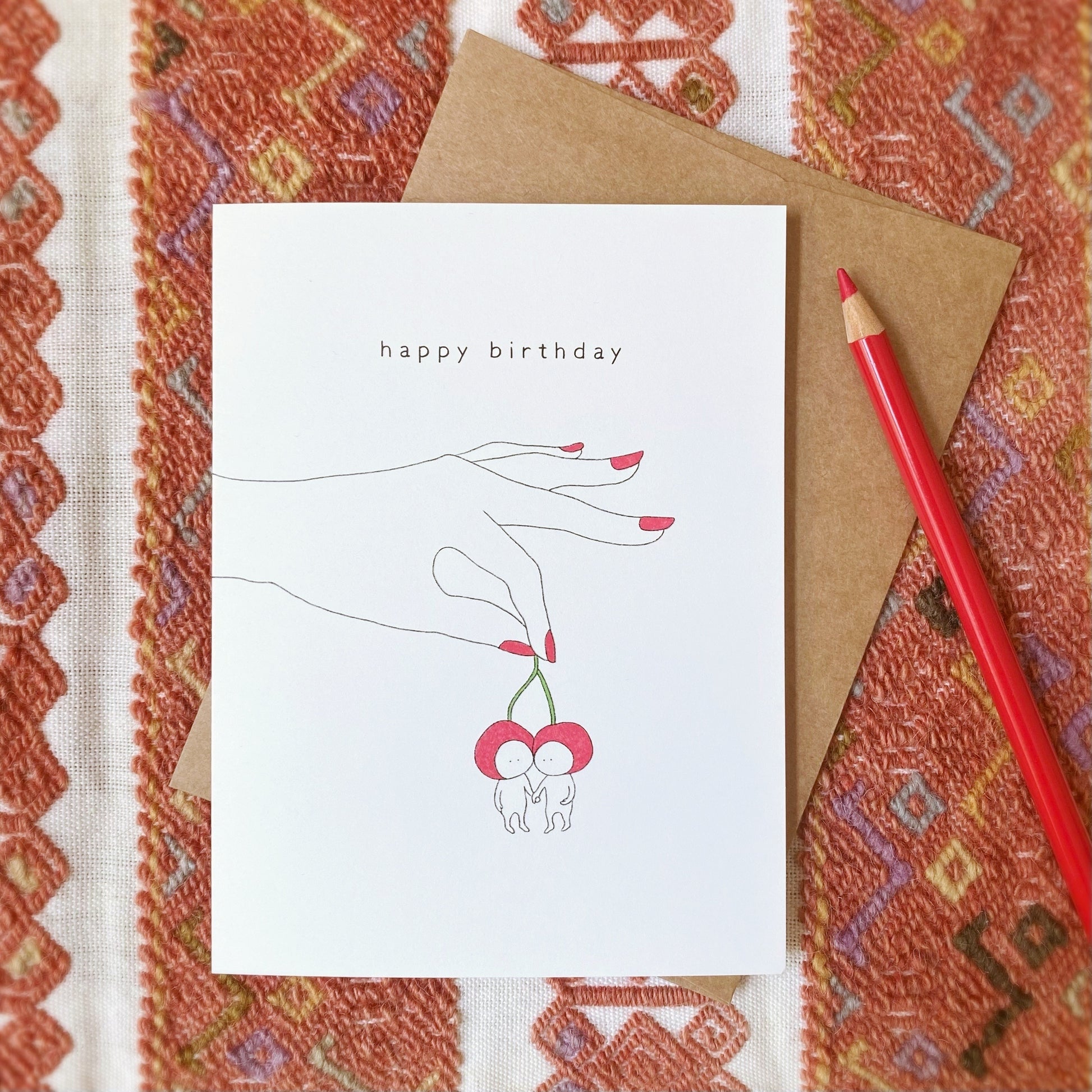 Cute and Simple Birthday Card Set with two cherry sisters holding hands 