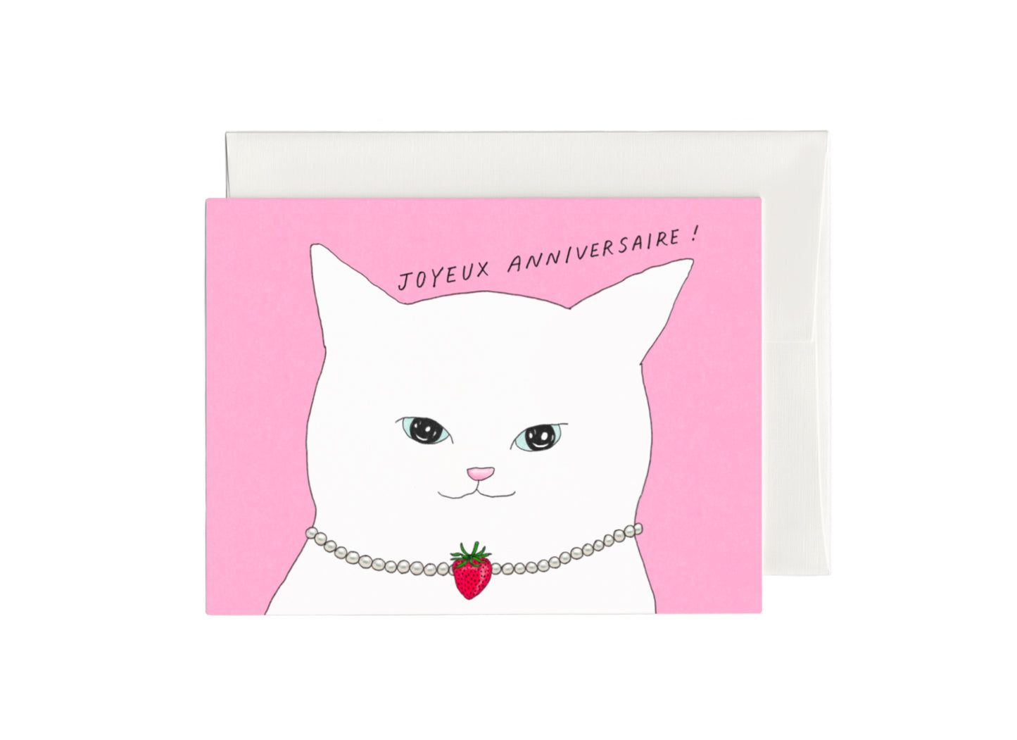 Cute French Birthday Card with illustration of a white cat wearing pearl necklace with a strawberry pendant on a pink background 