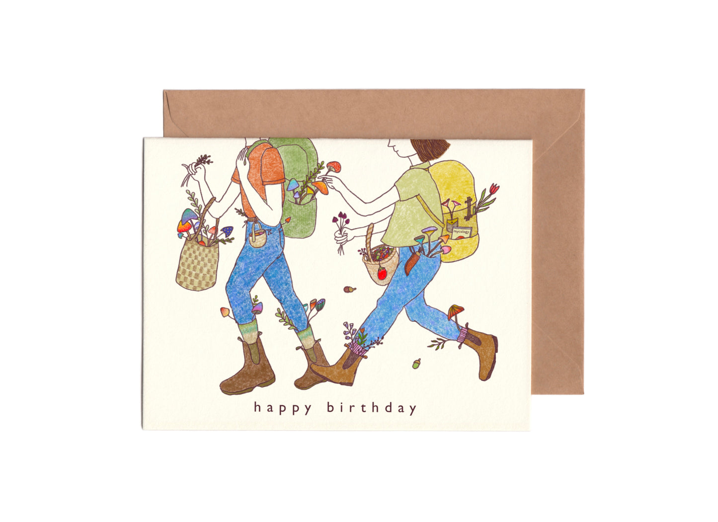 Outdoorsy Birthday Card with the illustration of a couple with backpacks and hiking boots on picking mushrooms and plants together