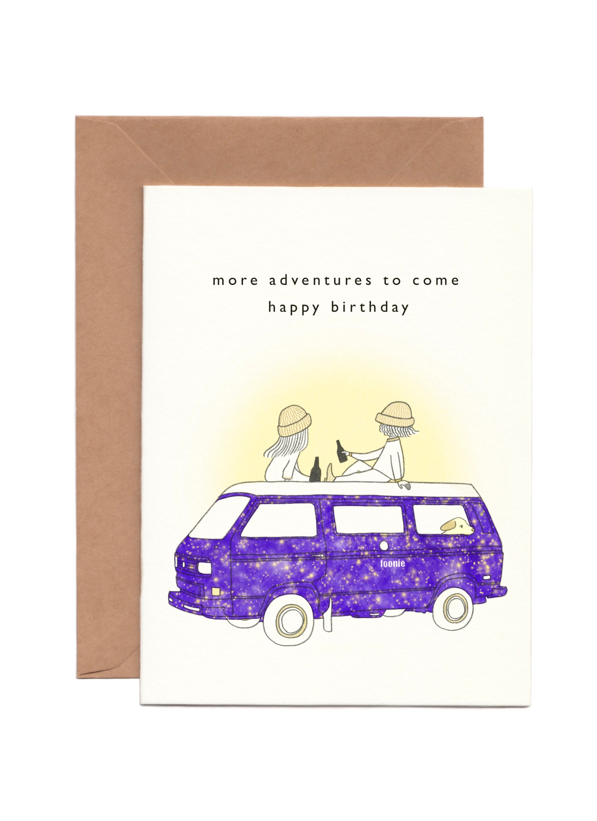 Dreamy Birthday Card with a hipster couple on the roof of a classic camper van with the design of universe paint job