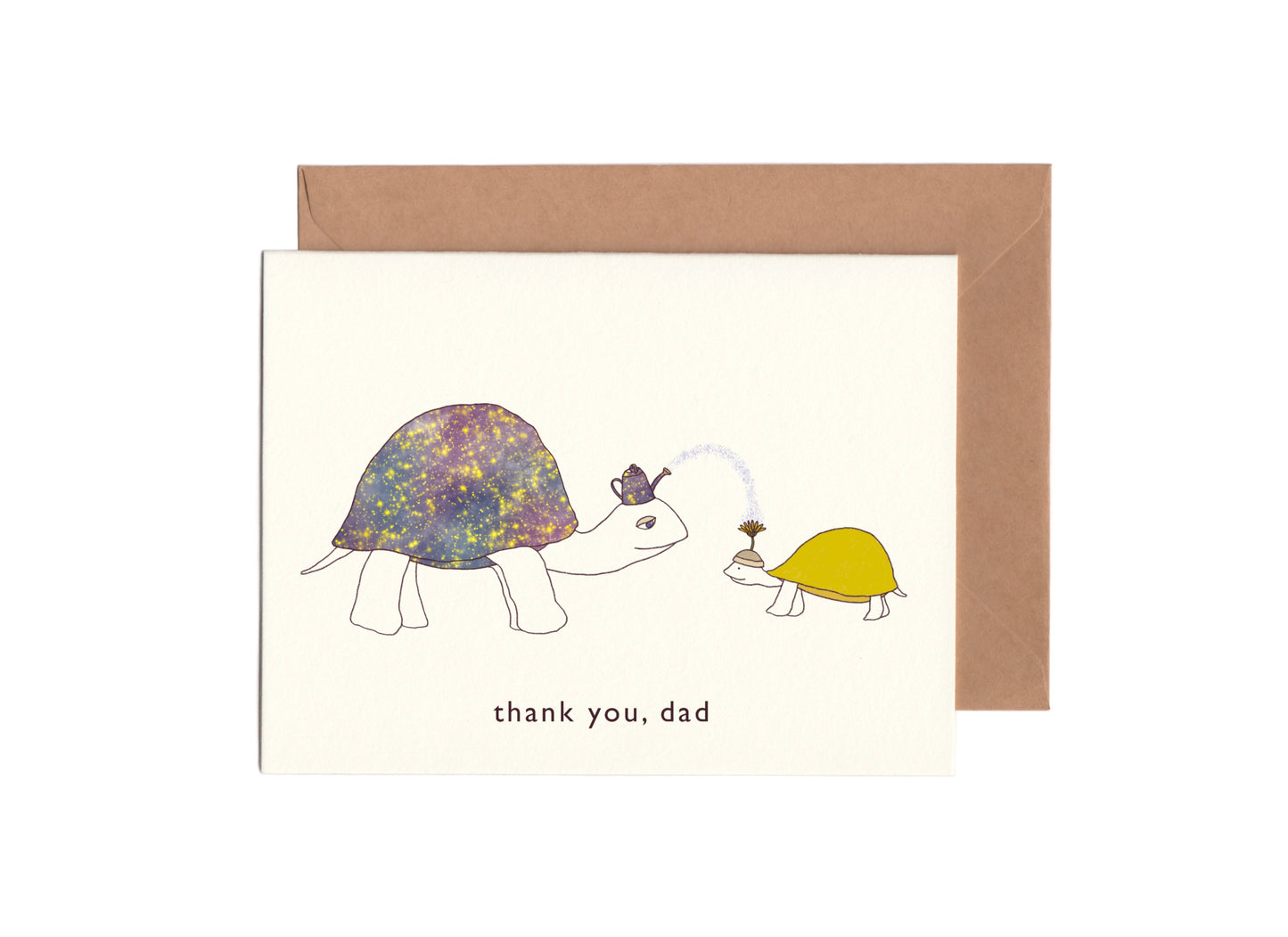 Cute card for fathers with an illustration of a father turtle with universe on the shell and a child turtle receiving love 