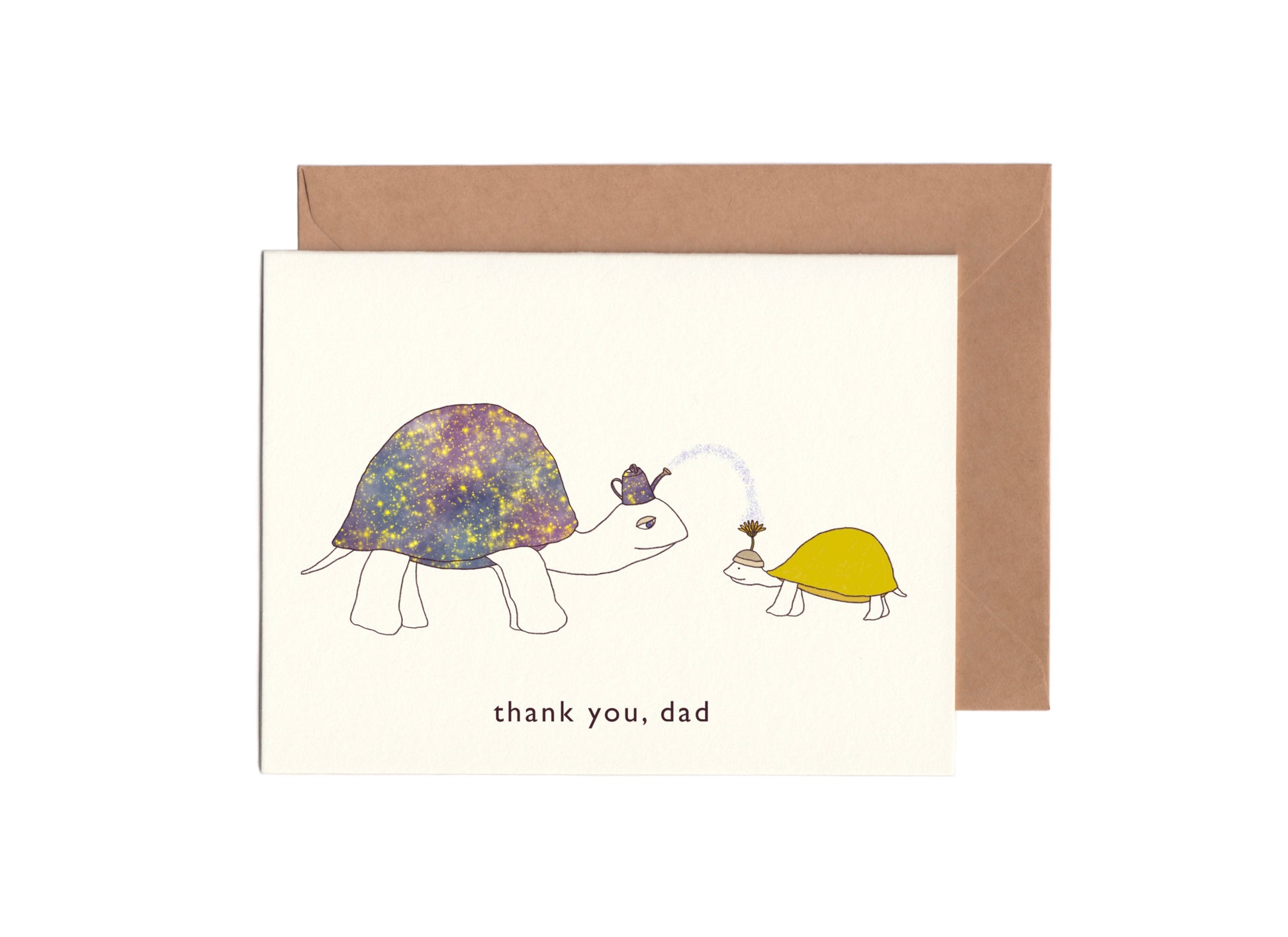 Cute card for fathers with an illustration of a father turtle with universe on the shell and a child turtle receiving love 