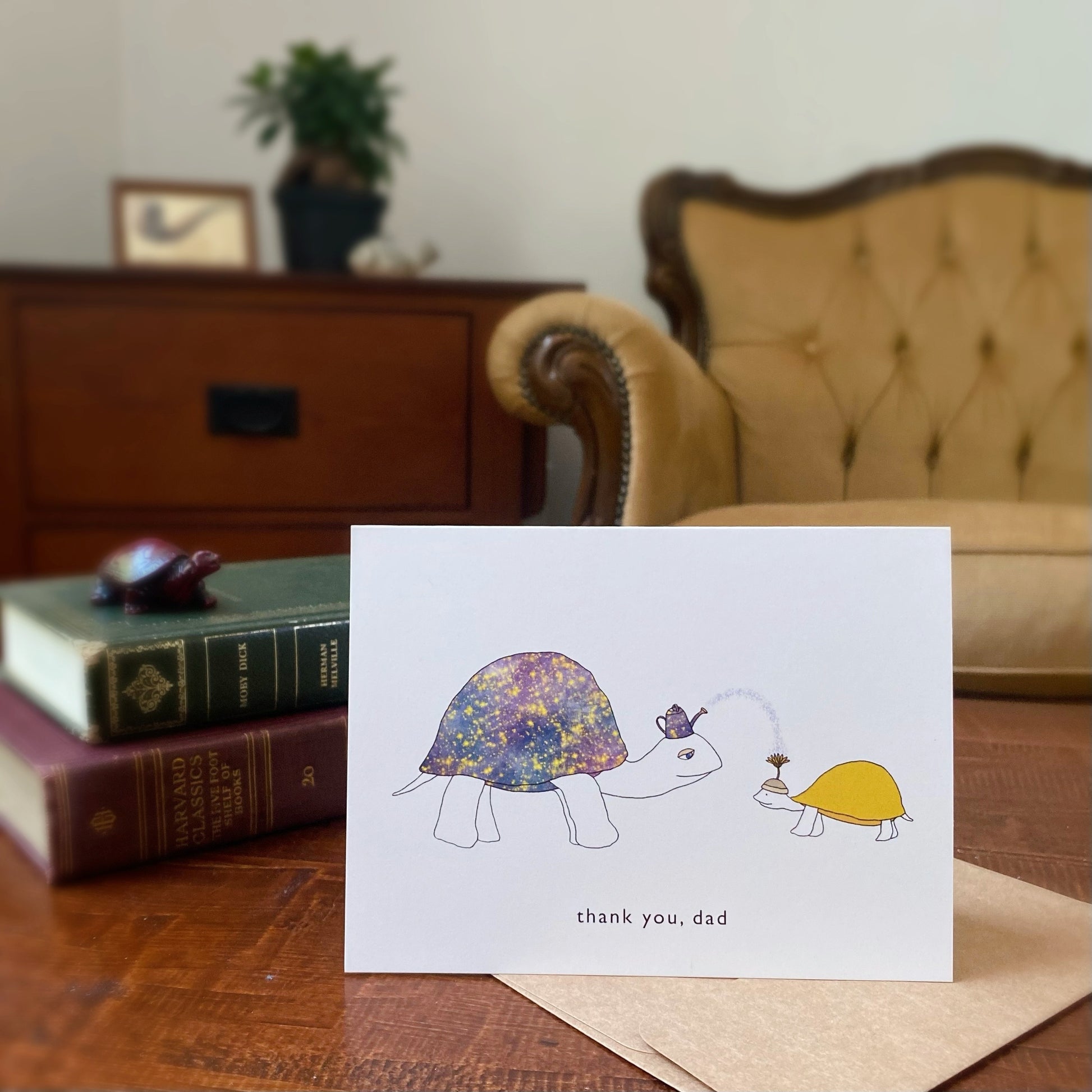 Adorable father’s day card with illustration of two turtles placed in a antique room