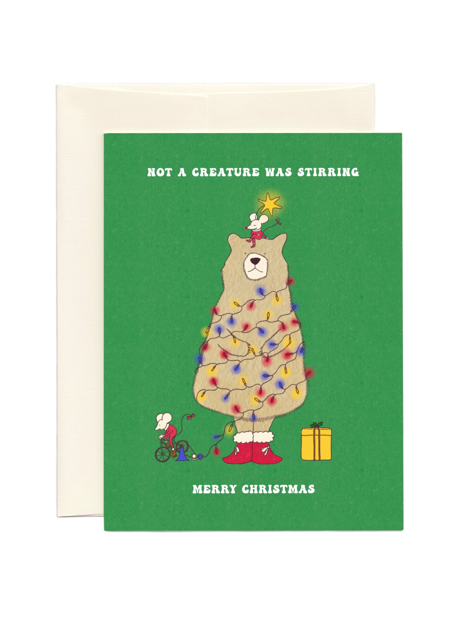 Cute Holiday Card with a bear as a Christmas tree wrapped in lights and two mice around it