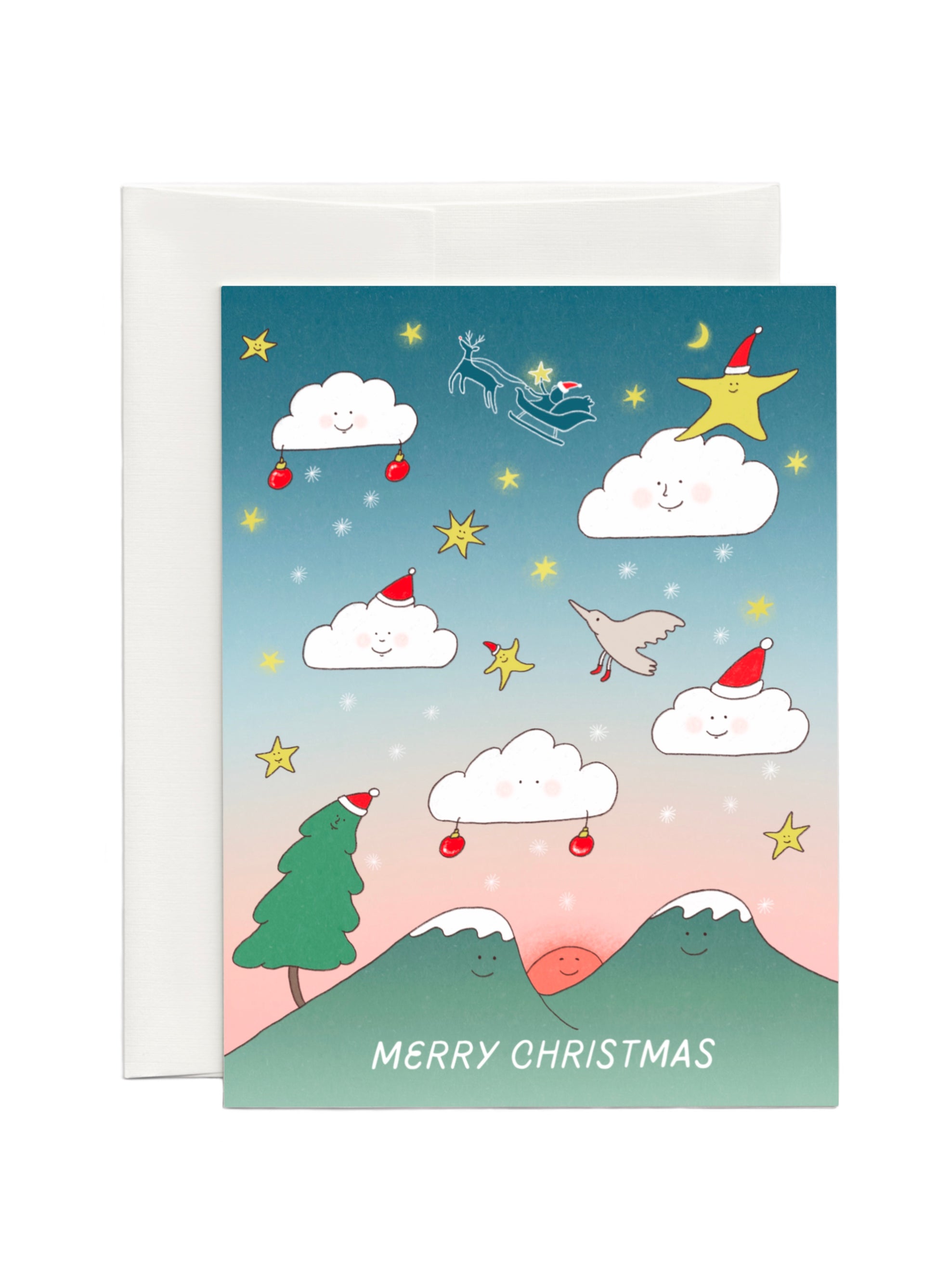 Unique and cute Holiday Card set with the illustration of the moon, the sun, dreamy sky with clouds, stars birds and mountains