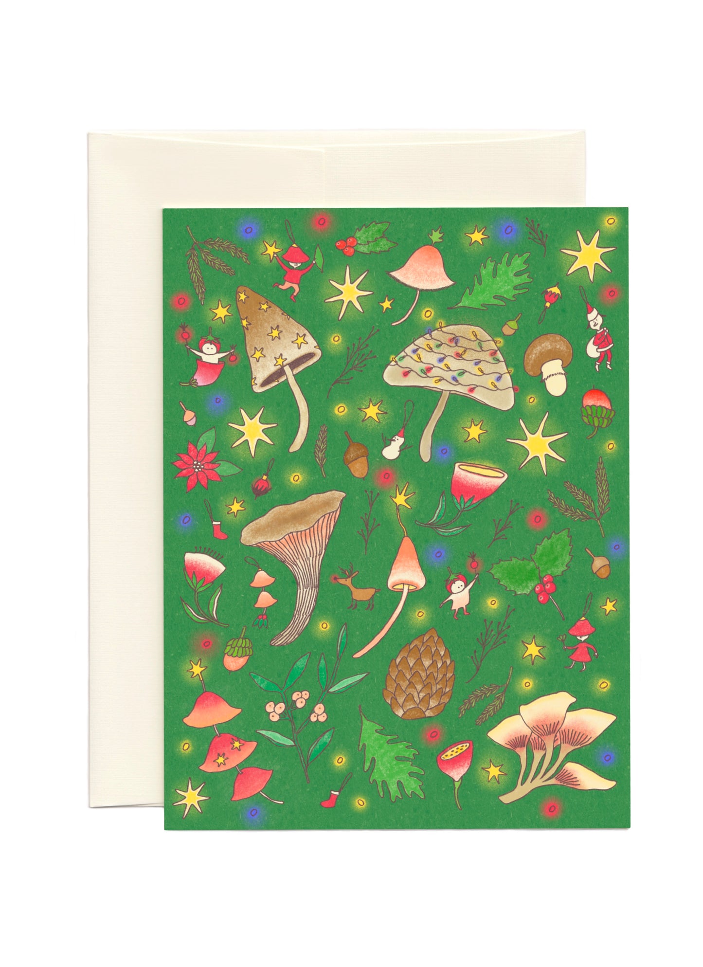 Green Christmas Card with variety of mushrooms, winter plants and little Christmas tree decorations