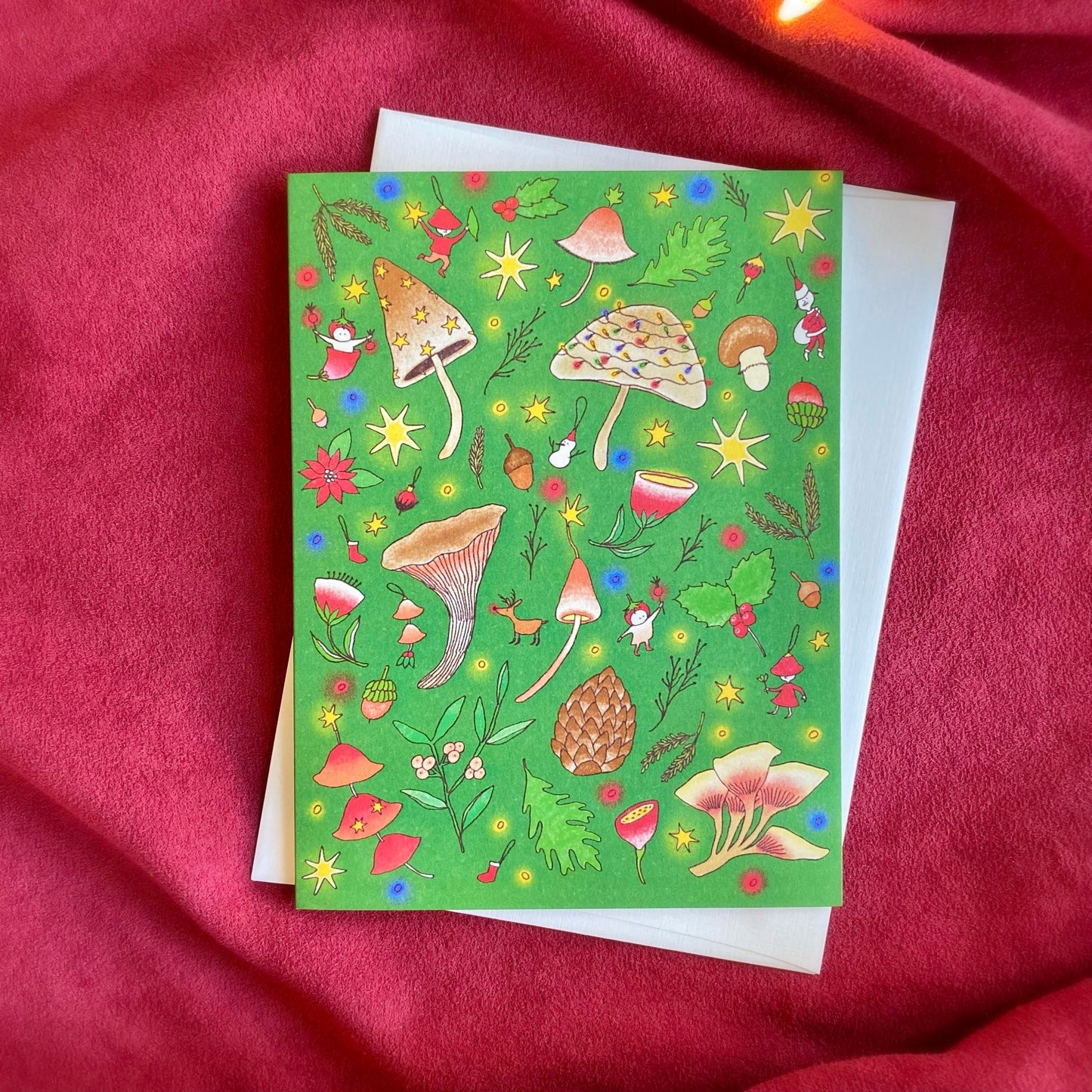 Unique Holiday Card Set with illustration of mushrooms and Christmas spirits, and winter plants