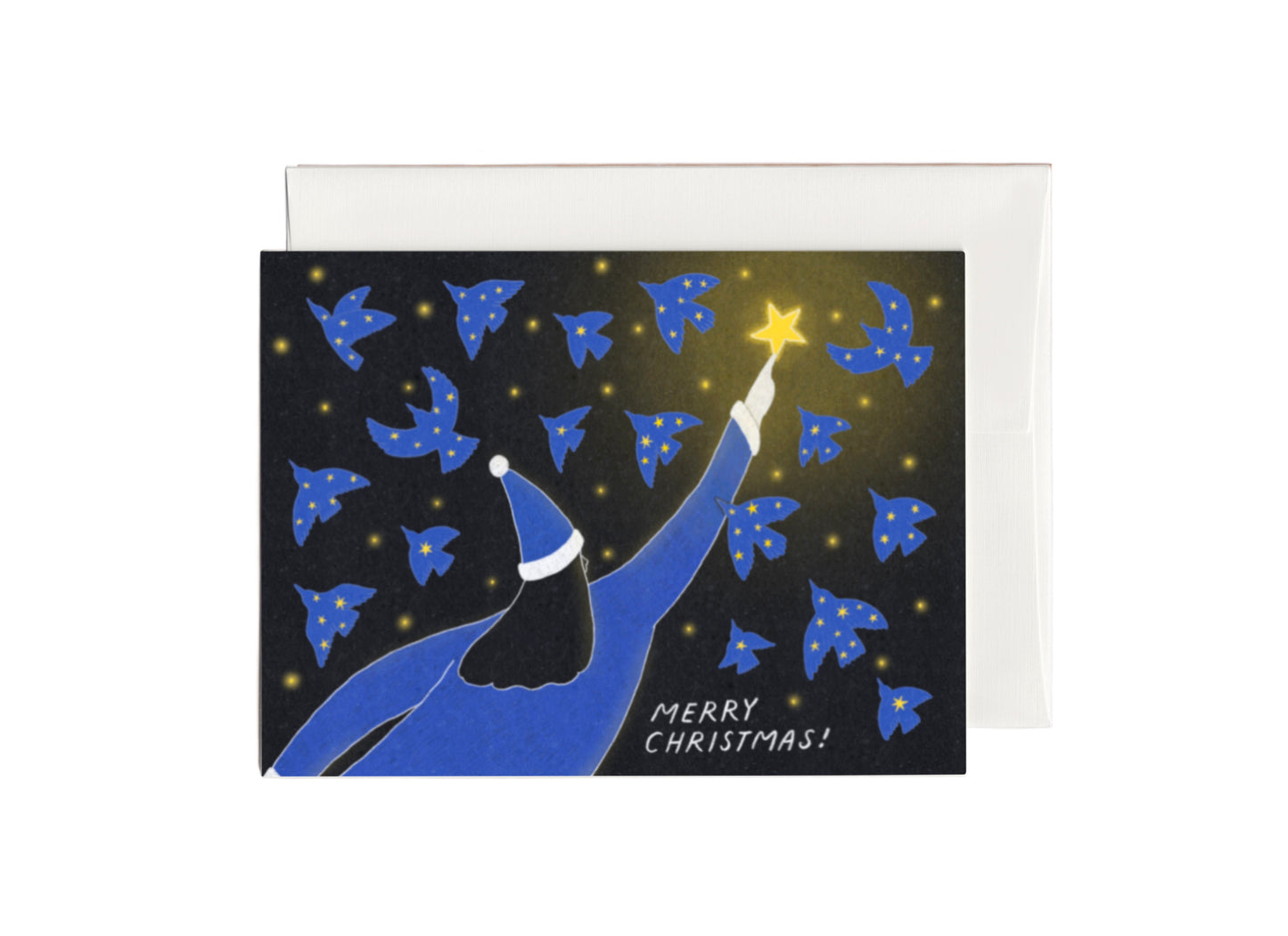 Dreamy Christmas Card with the illustration of a blue female Santa Claus reaching to a star above her