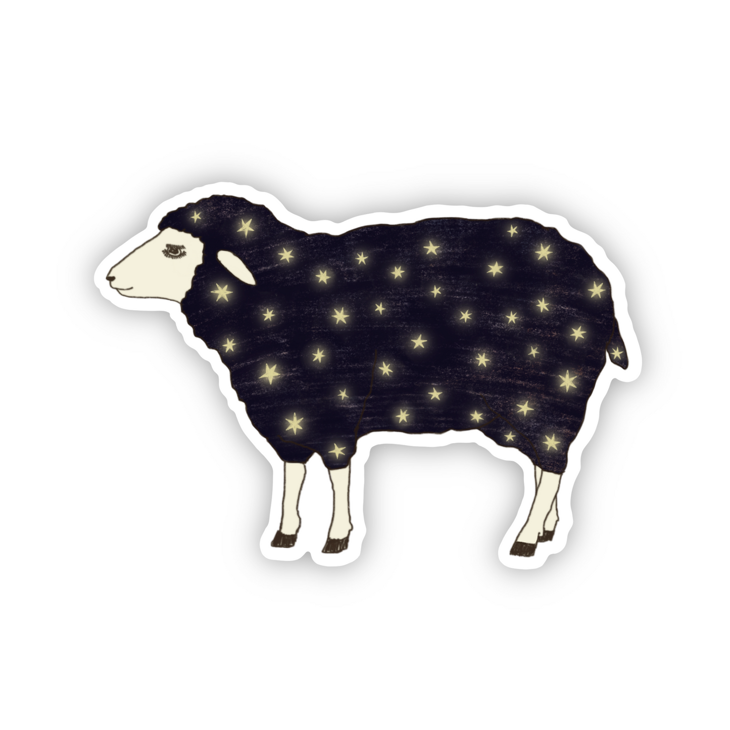 Watercolour sticker with the dreamy illustration of a sheep with starry sky on its body