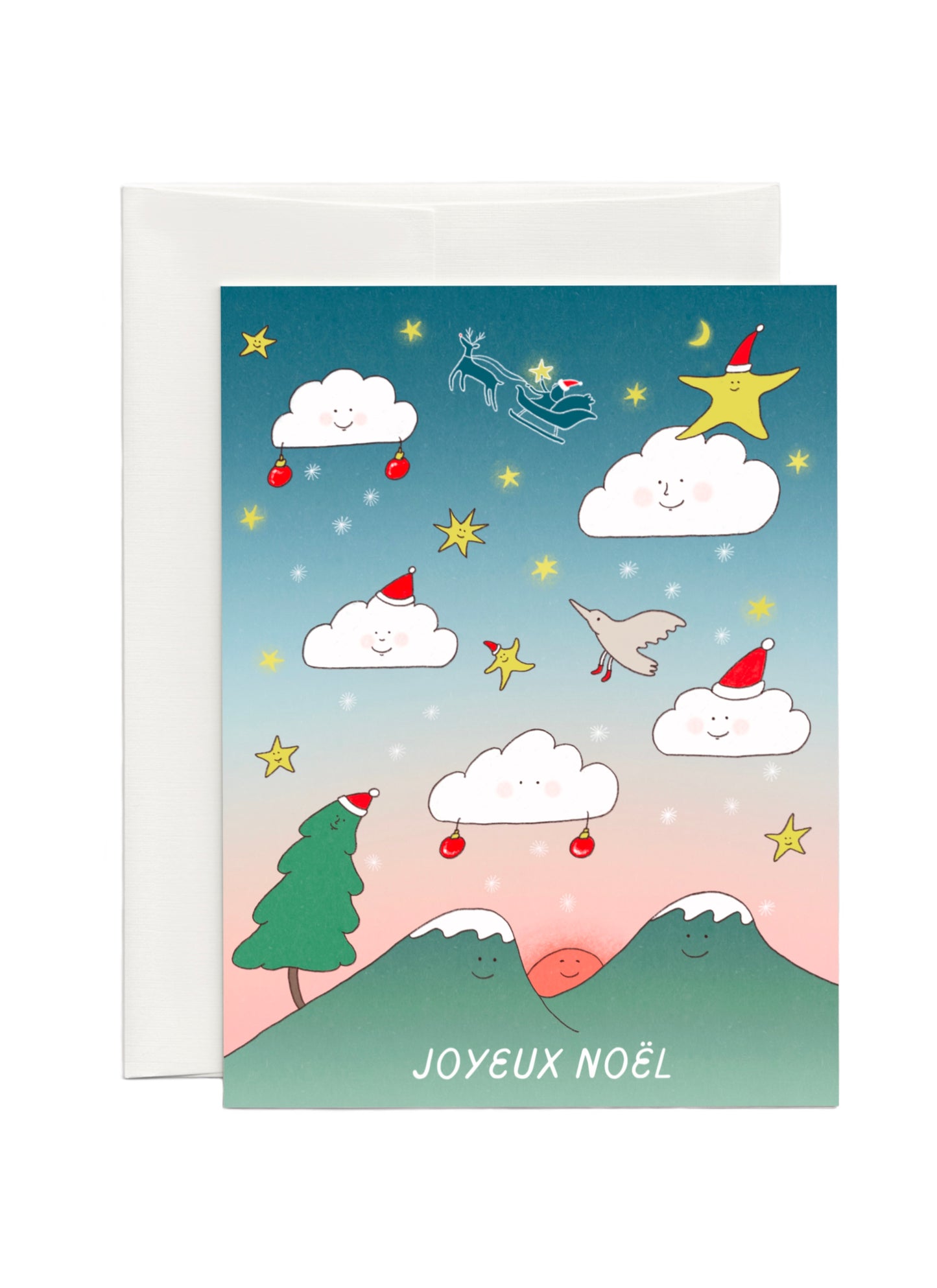 Cute french Christmas Card with clouds with faces floating in the gradient sky along with stars, snow flakes above the mountains