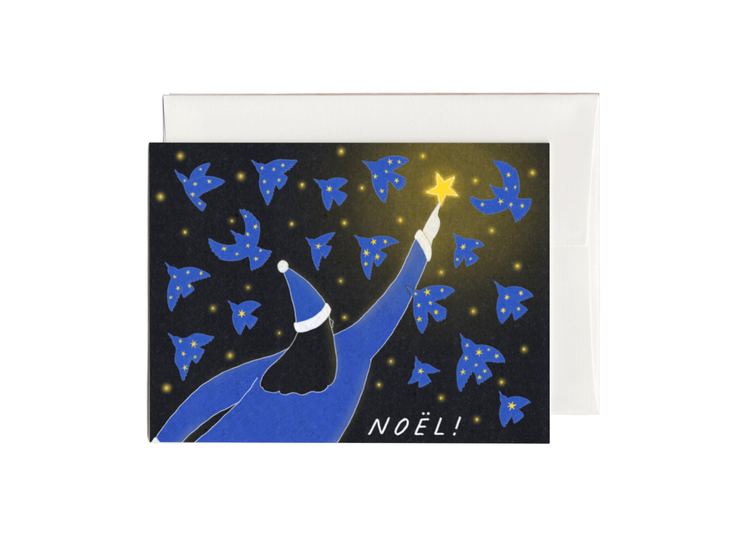 Dreamy french Christmas Card that says “NOEL” with the illustration of a blue female Santa Claus reaching to a star above her