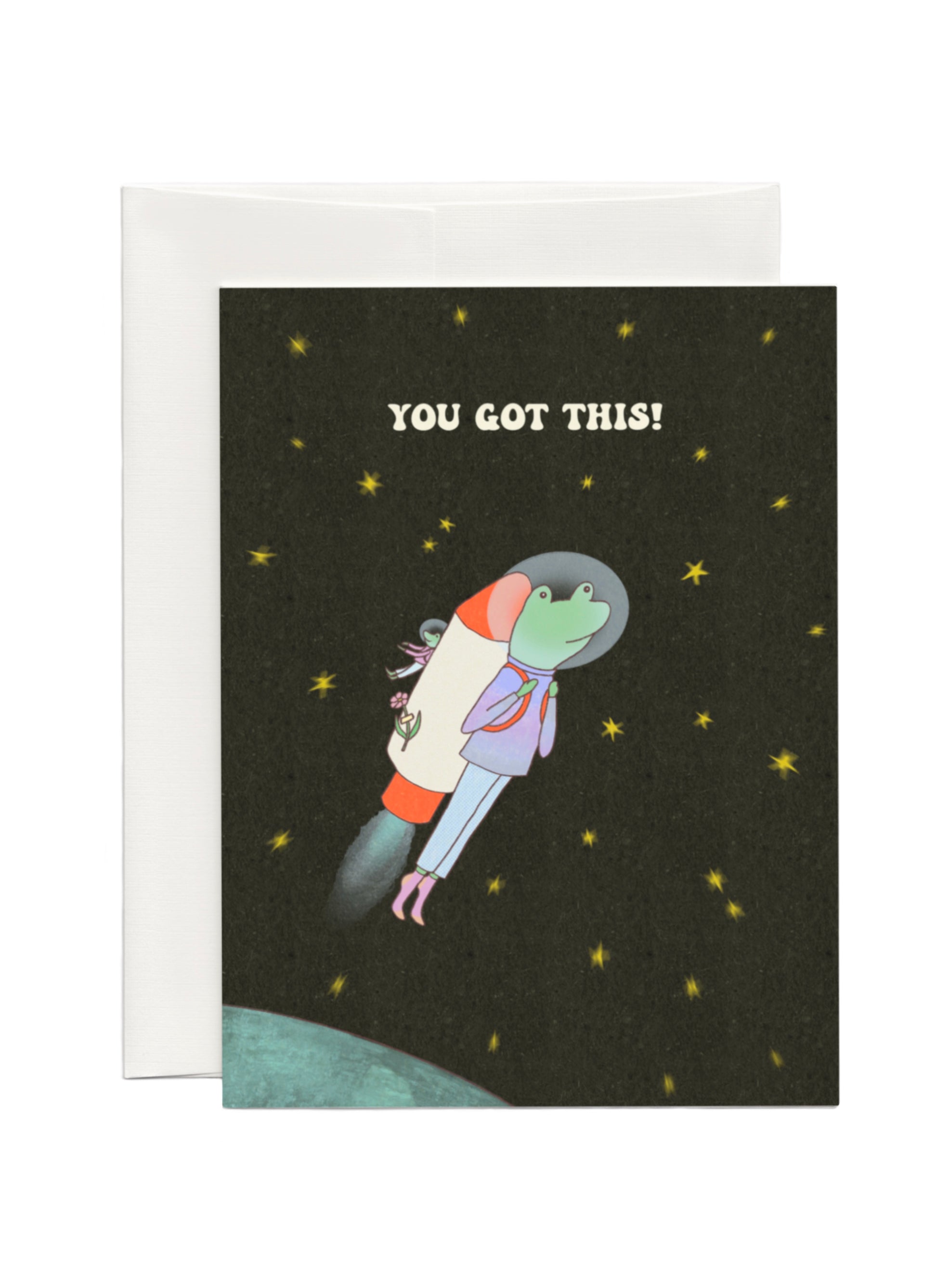 Motivational Good luck Card that says “You Got This” with the illustration of a frog astronaut and his buddy departing into the space