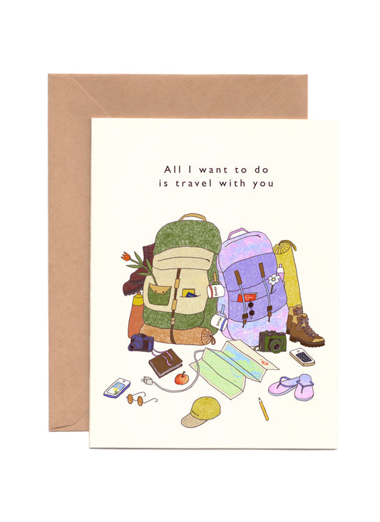 Outdoorsy Just because Card with two backpacks leaning on to each other surrounded by traveling gears, cameras and hiking boots. 