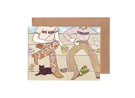 Just because Card for love and friendship with the illustration of two people sitting on a bench and having coffee with groovy pants and vintage clothing 