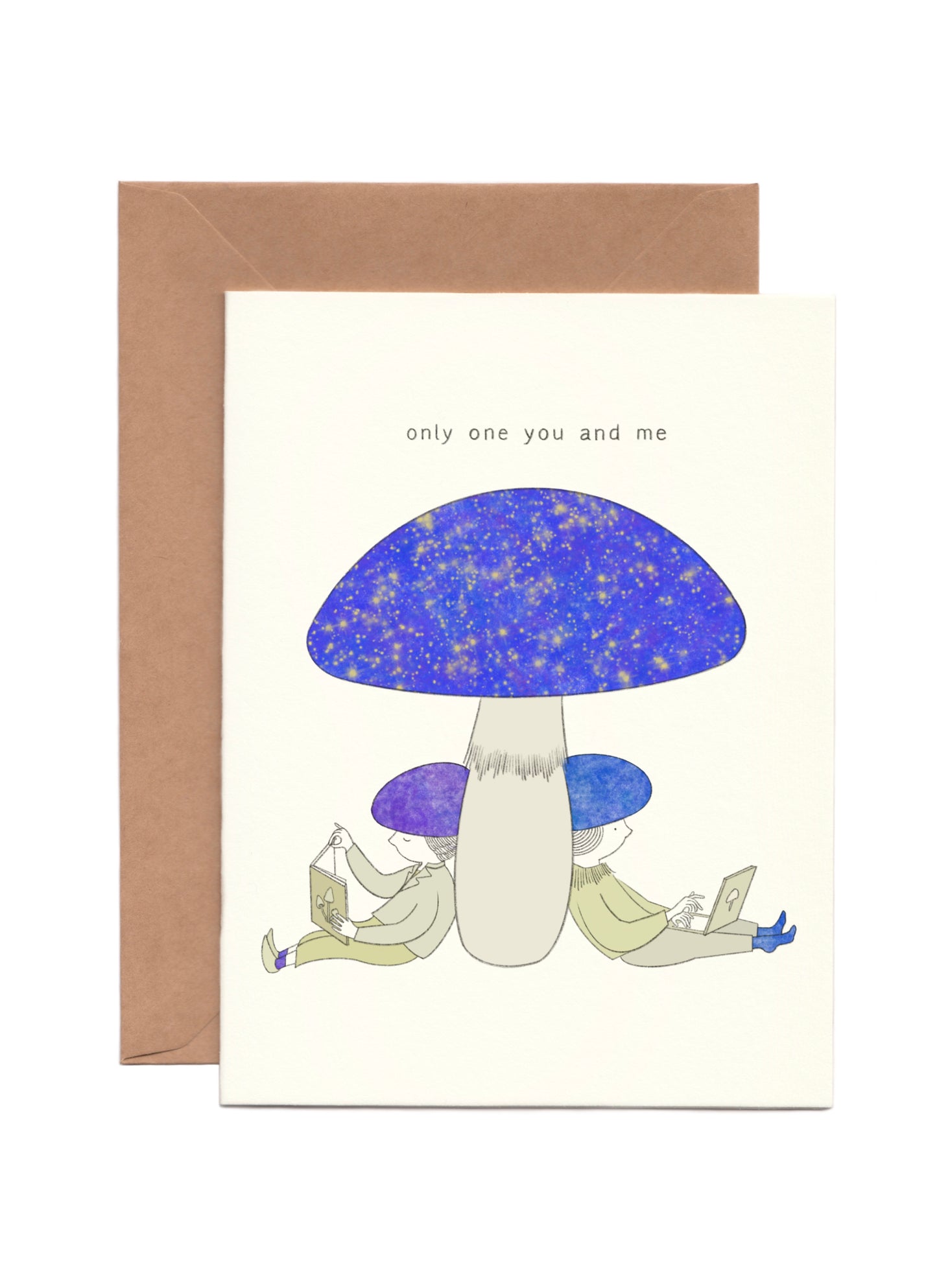 Dreamy just because card with two mushroom people reading a book and working on a computer together under a starry universe